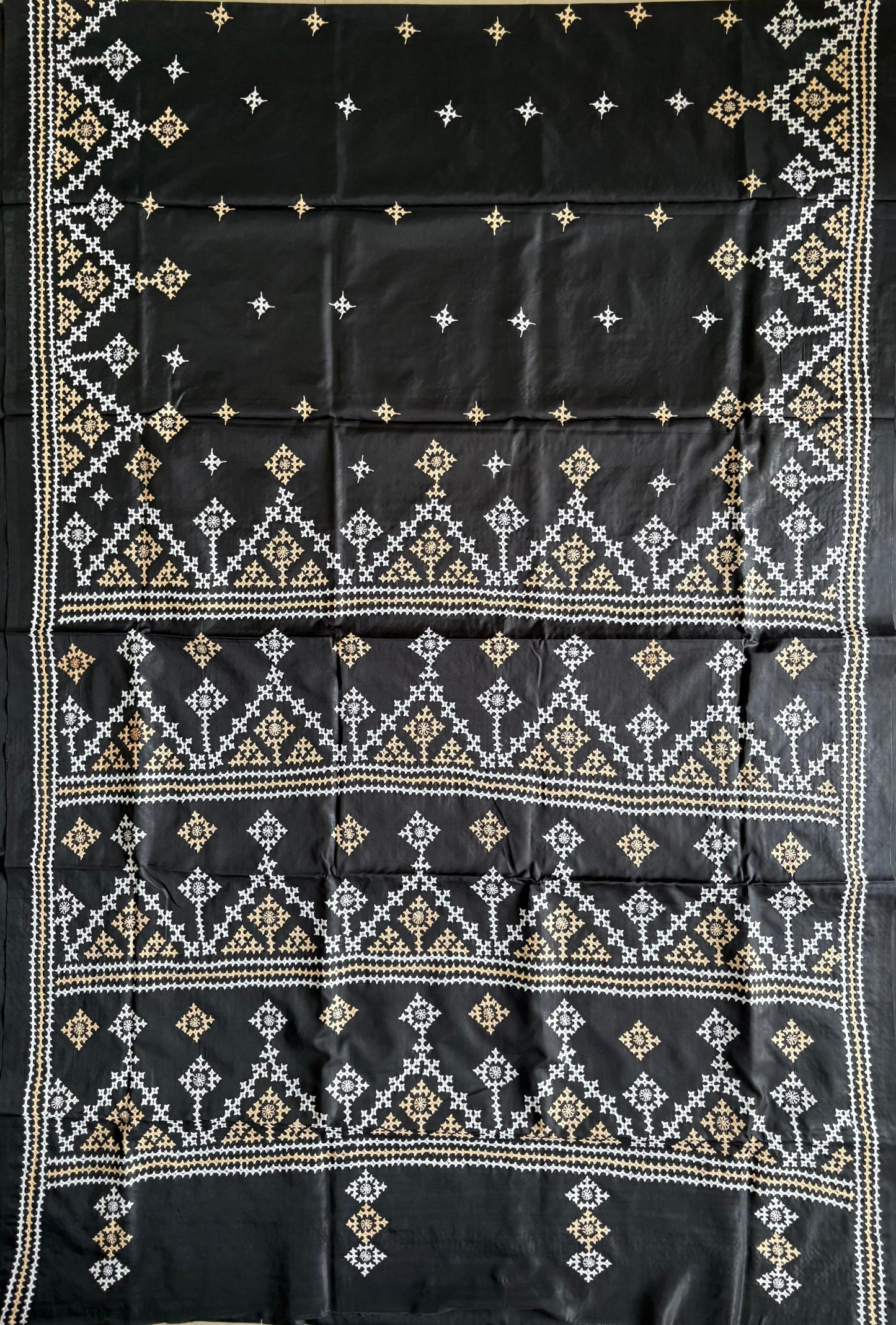 Gujrati Stitch/Kutch Hand Embroidered Art Silk Saree - Black