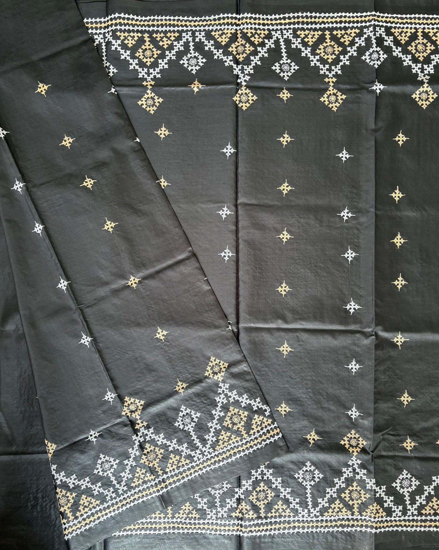 Gujrati Stitch/Kutch Hand Embroidered Art Silk Saree - Black