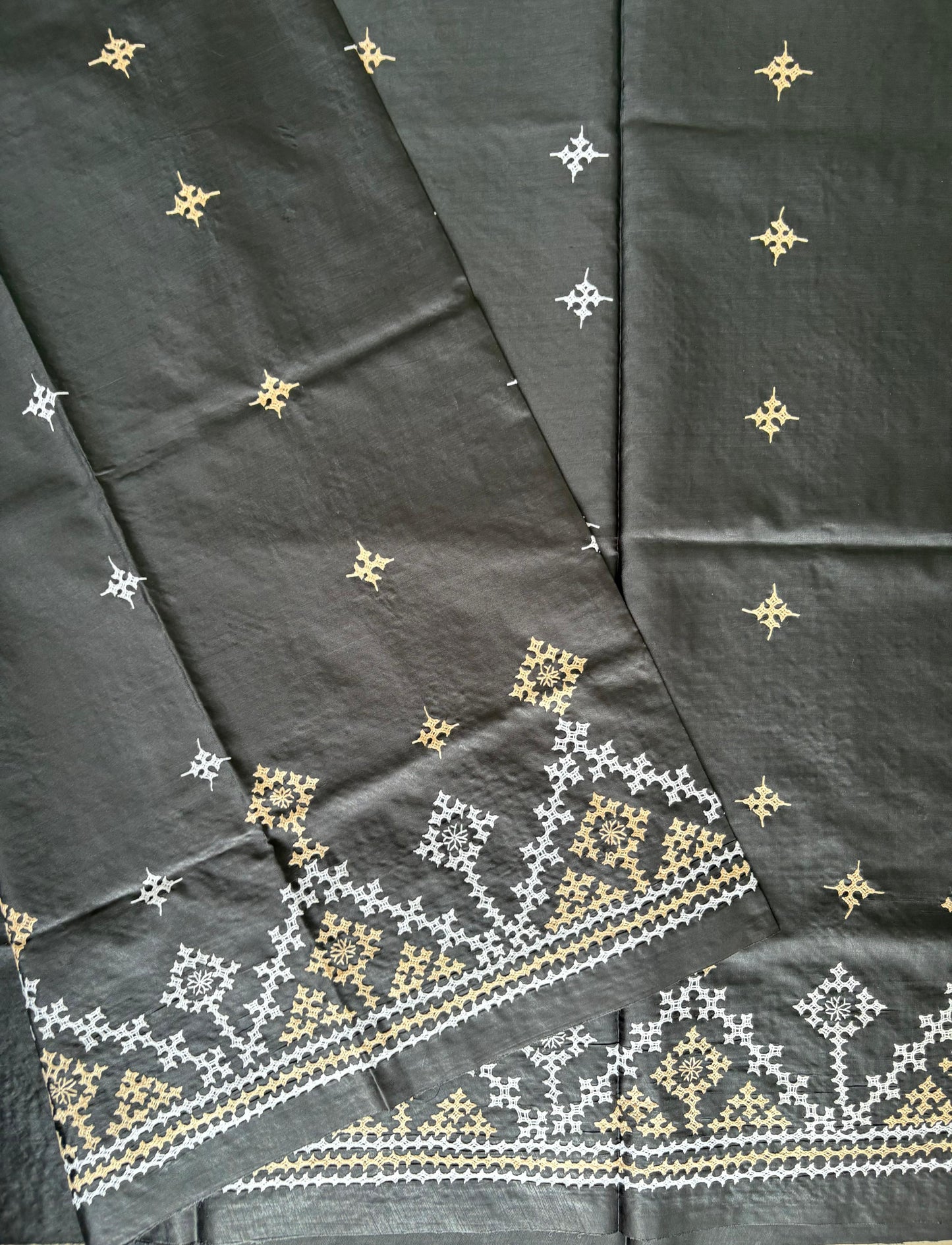 Gujrati Stitch/Kutch Hand Embroidered Art Silk Saree - Black