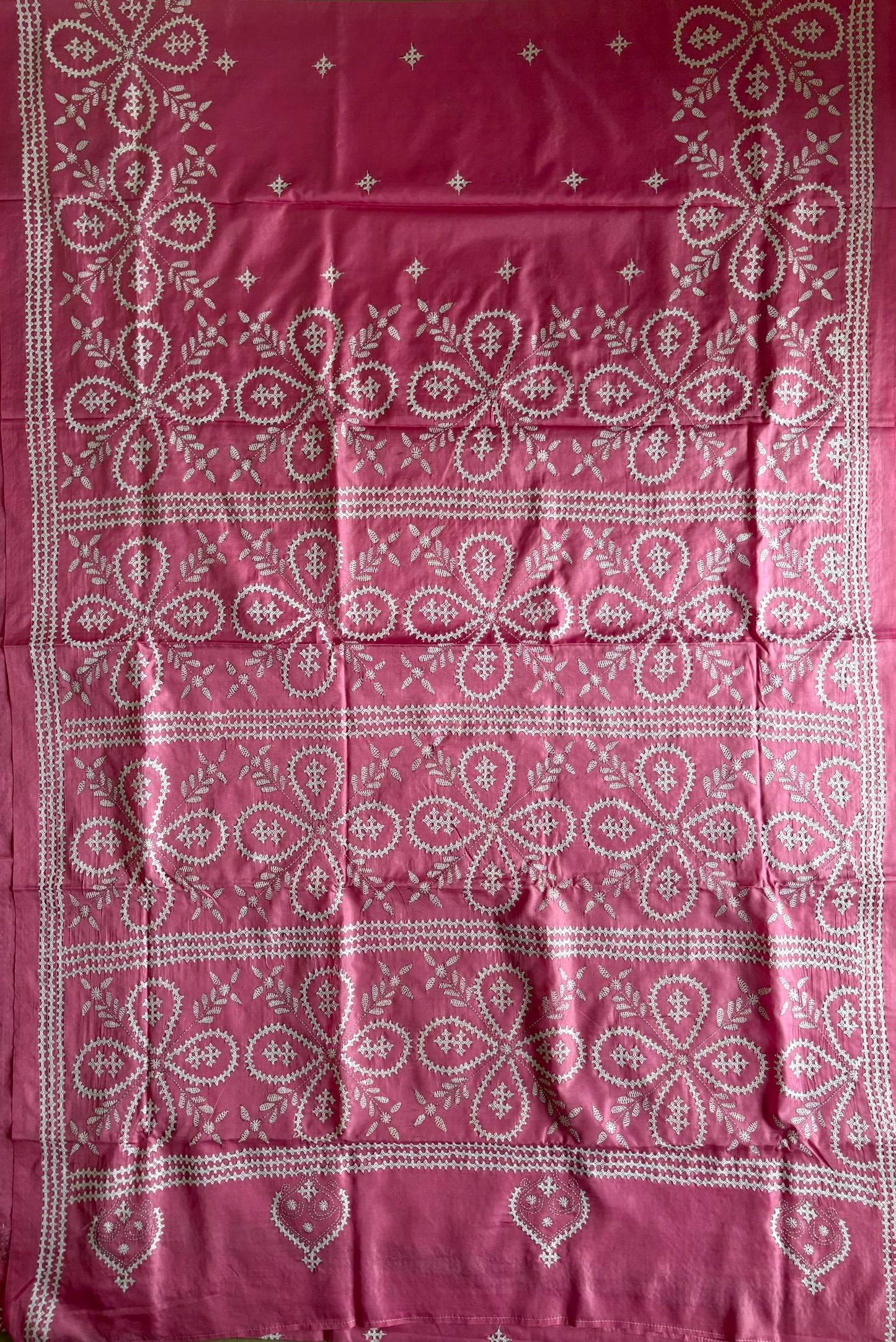 Gujrati Stitch/Kutch Hand Embroidered Art Silk Saree - Pink