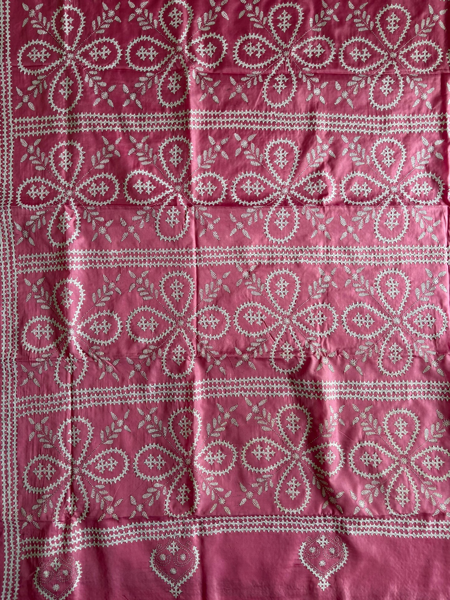Gujrati Stitch/Kutch Hand Embroidered Art Silk Saree - Pink
