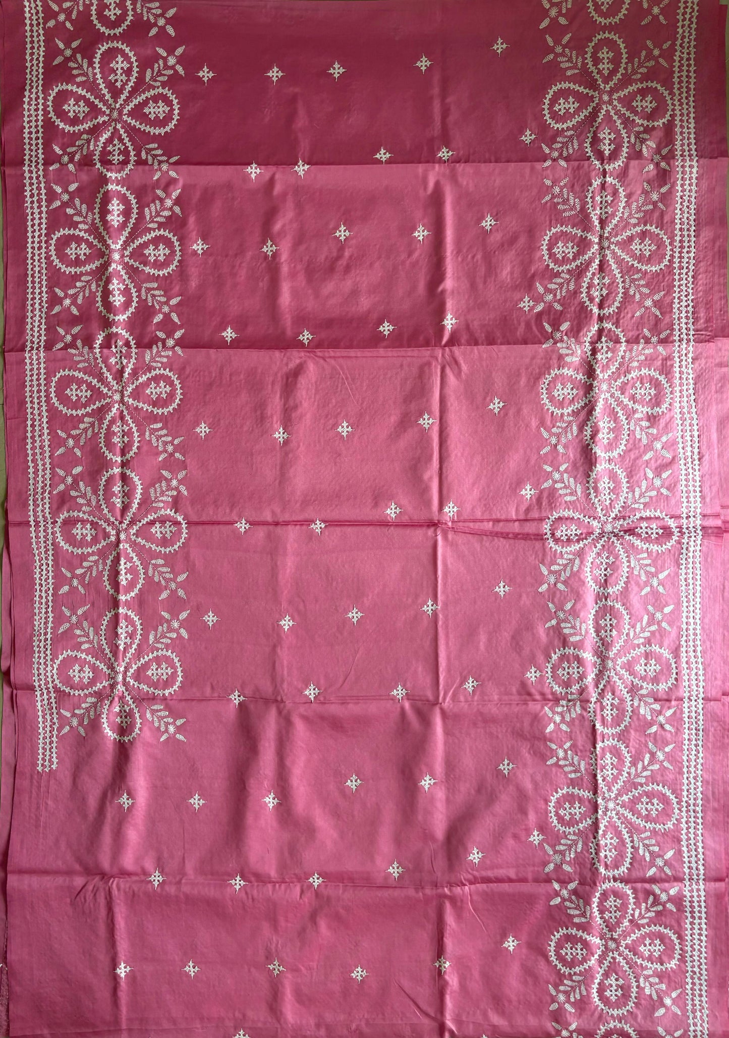 Gujrati Stitch/Kutch Hand Embroidered Art Silk Saree - Pink