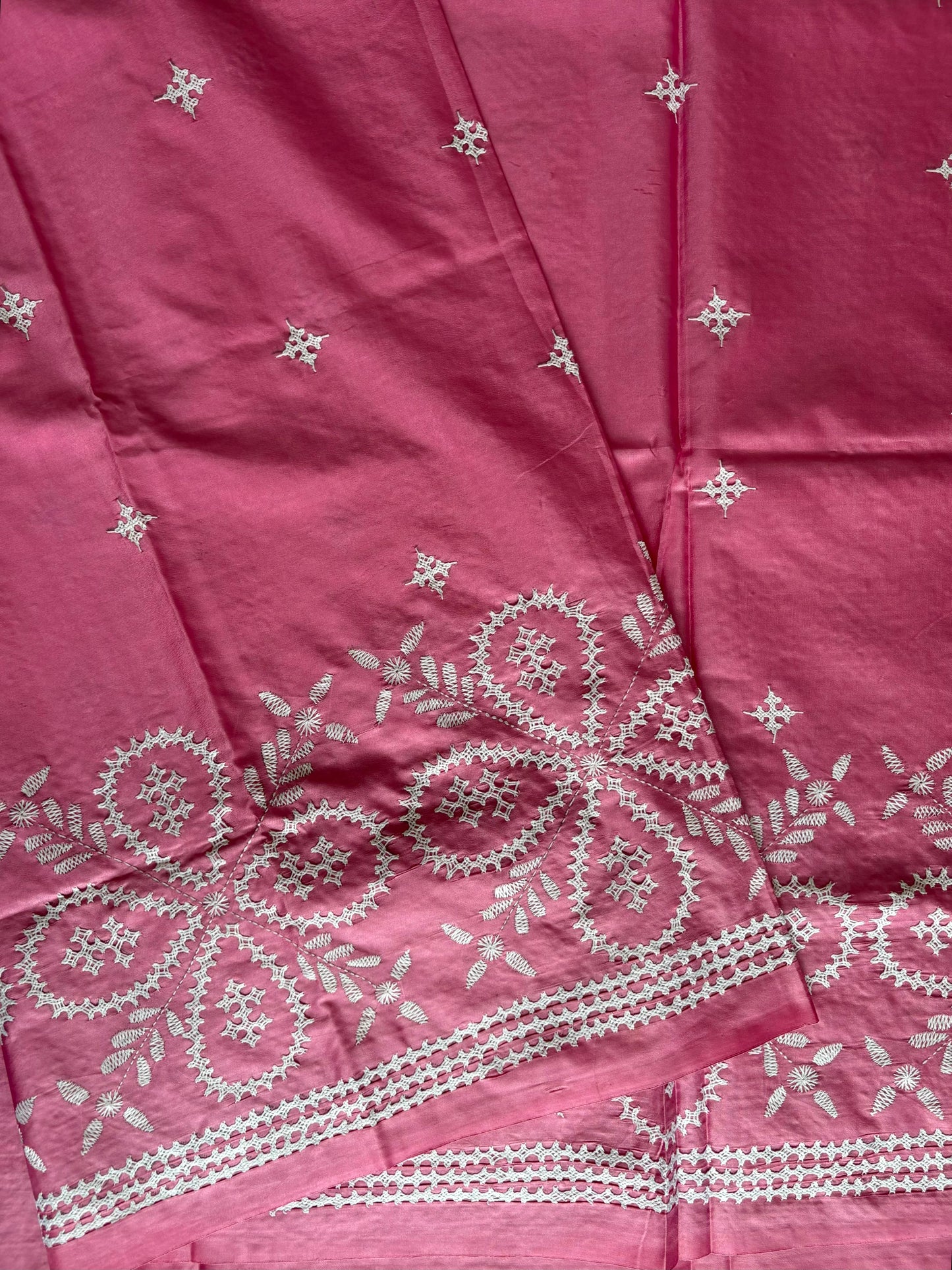 Gujrati Stitch/Kutch Hand Embroidered Art Silk Saree - Pink