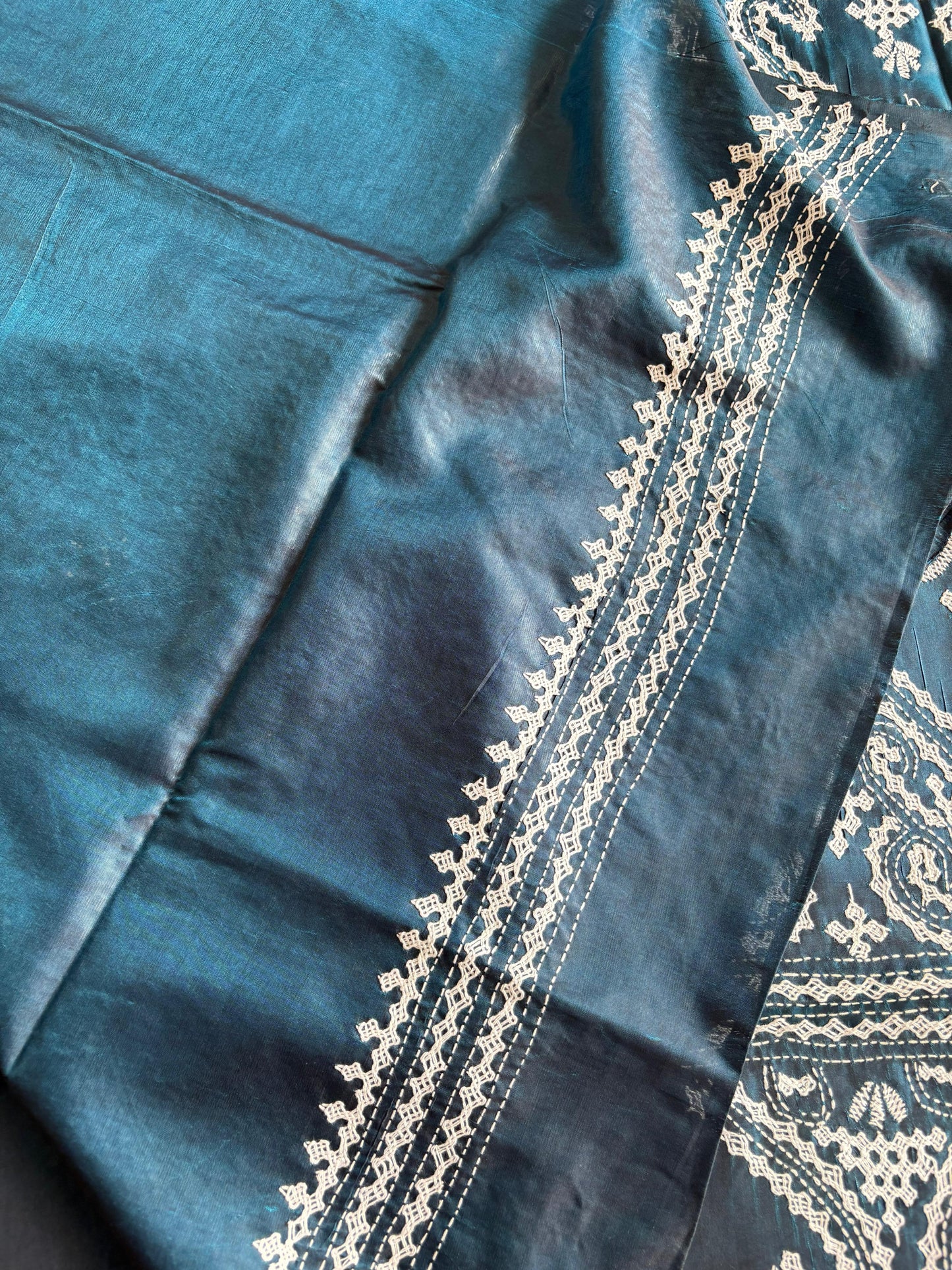 Gujrati Stitch/Kutch Hand Embroidered Art Silk Saree