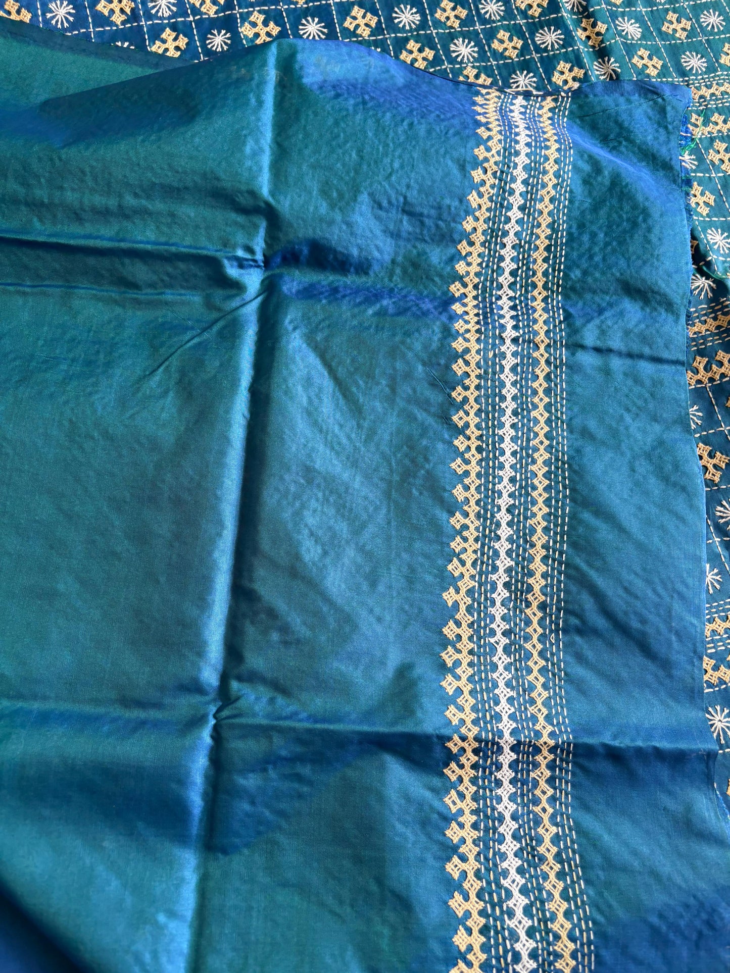 Gujrati Stitch/Kutch Hand Embroidered Art Silk Saree
