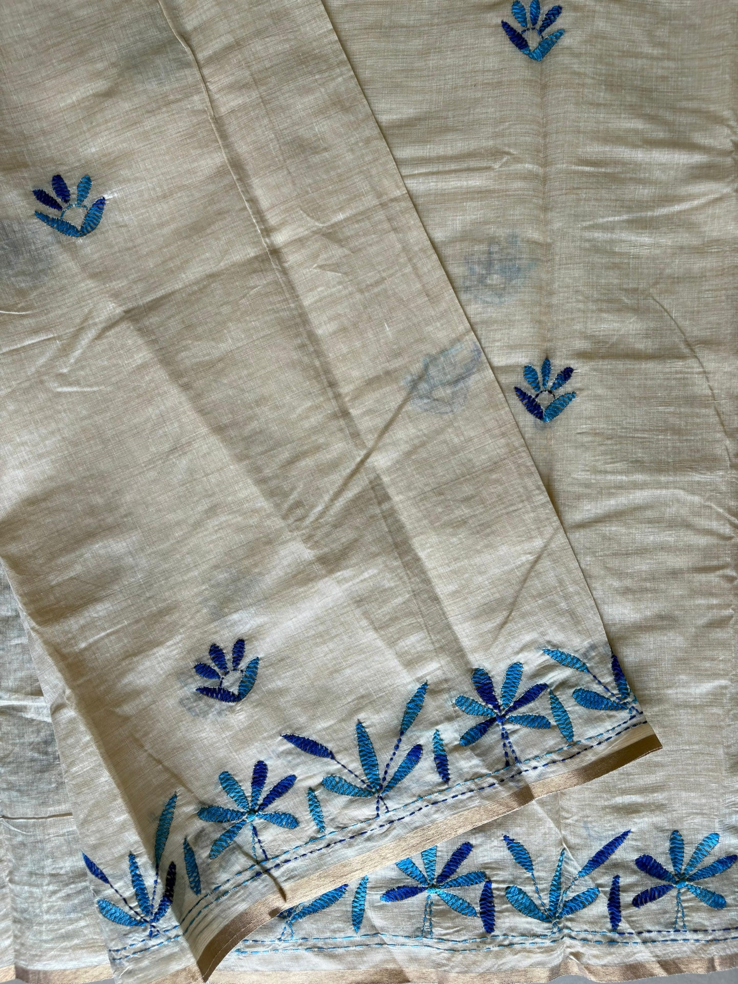Kantha Hand Embroidered semi tassar silk Saree