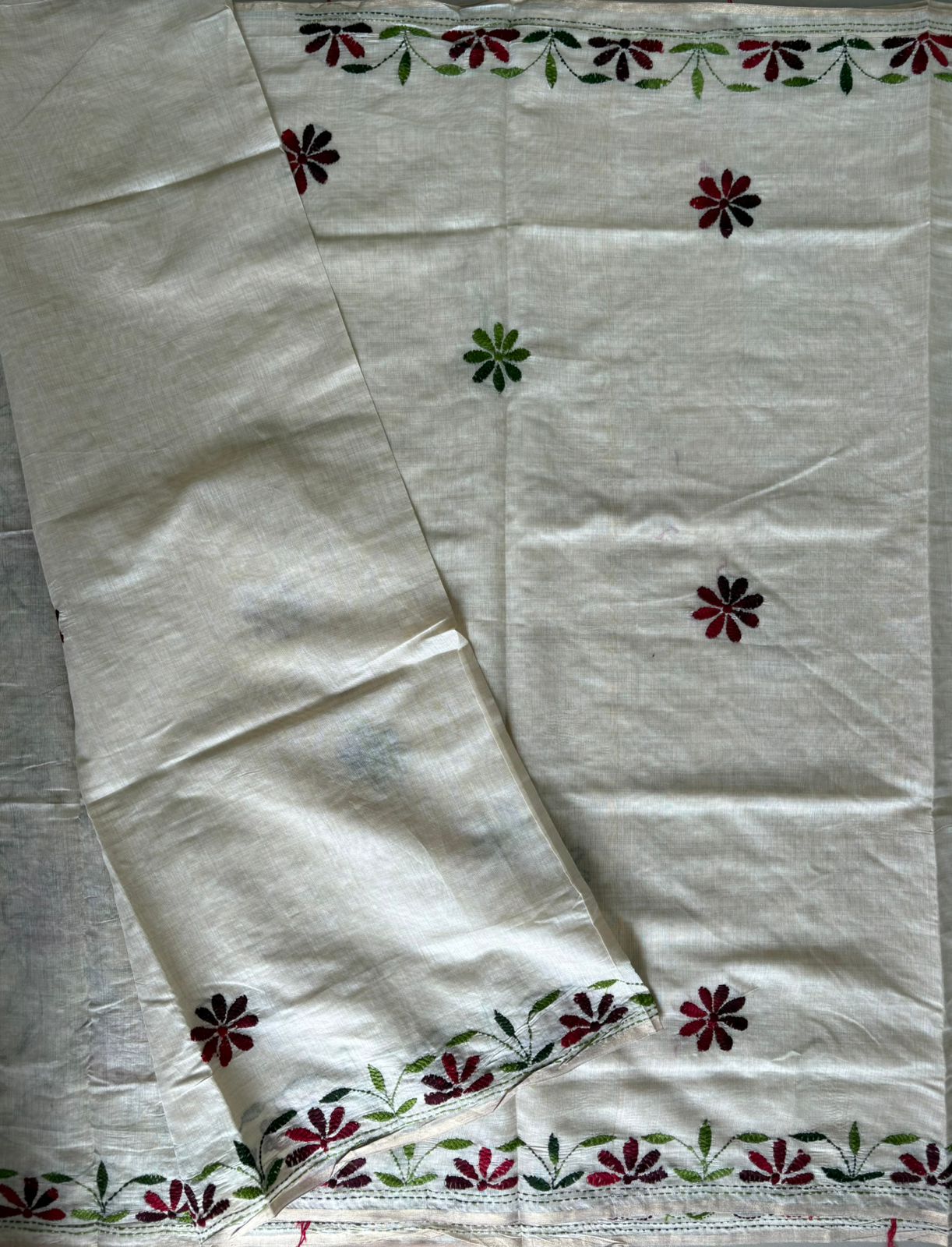 Kantha Hand Embroidered semi tassar silk Saree