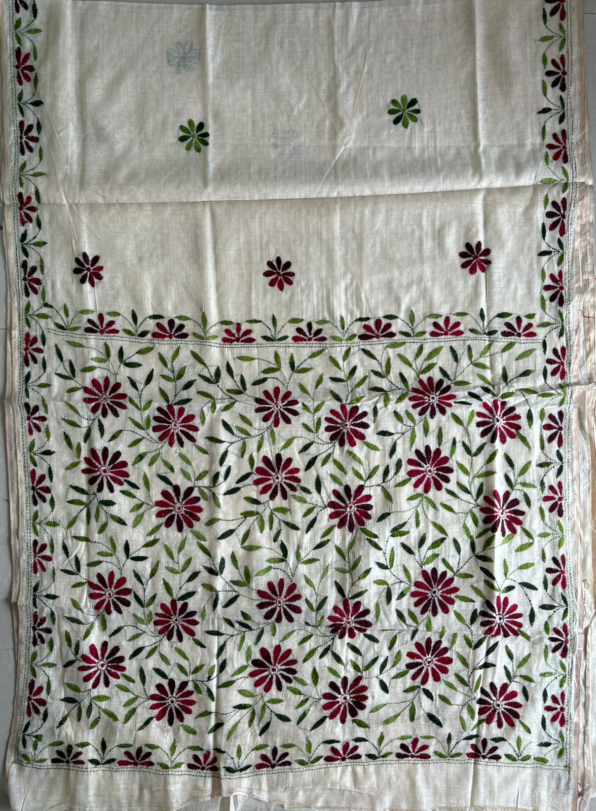 Kantha Hand Embroidered semi tassar silk Saree
