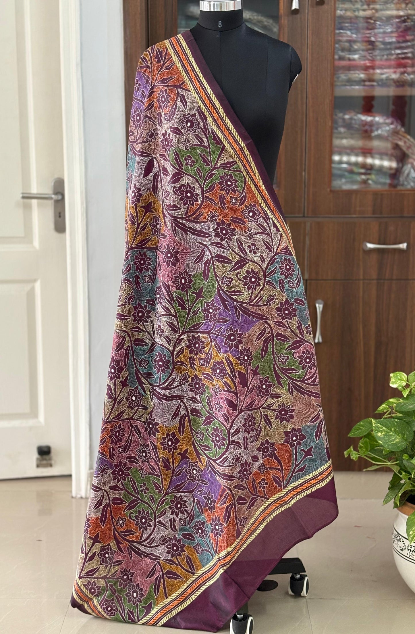 Kantha Stitch Hand Embroidary Full Work Blended Banglore Silk Dupatta 44″