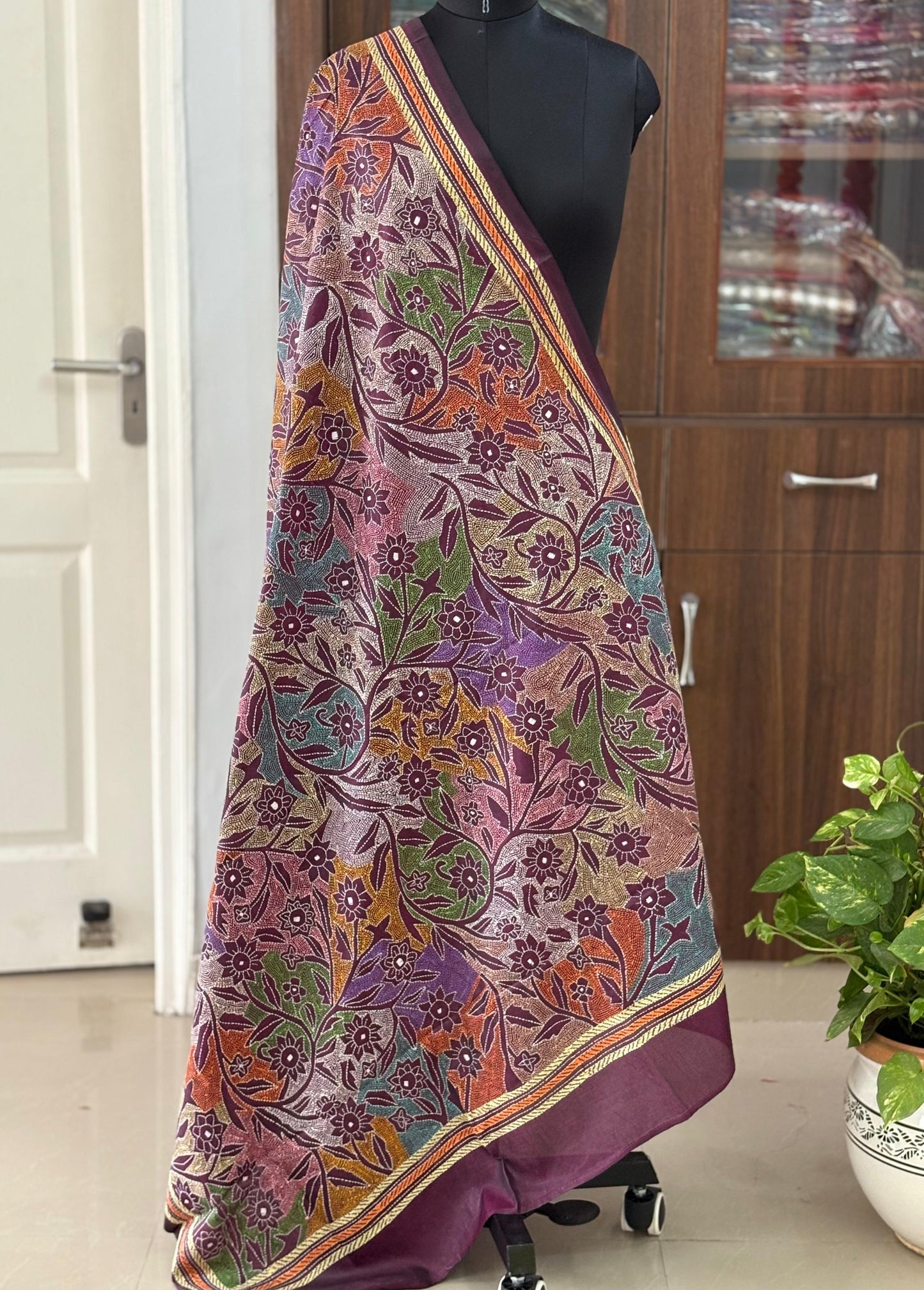 Kantha Stitch Hand Embroidary Full Work Blended Banglore Silk Dupatta 44″