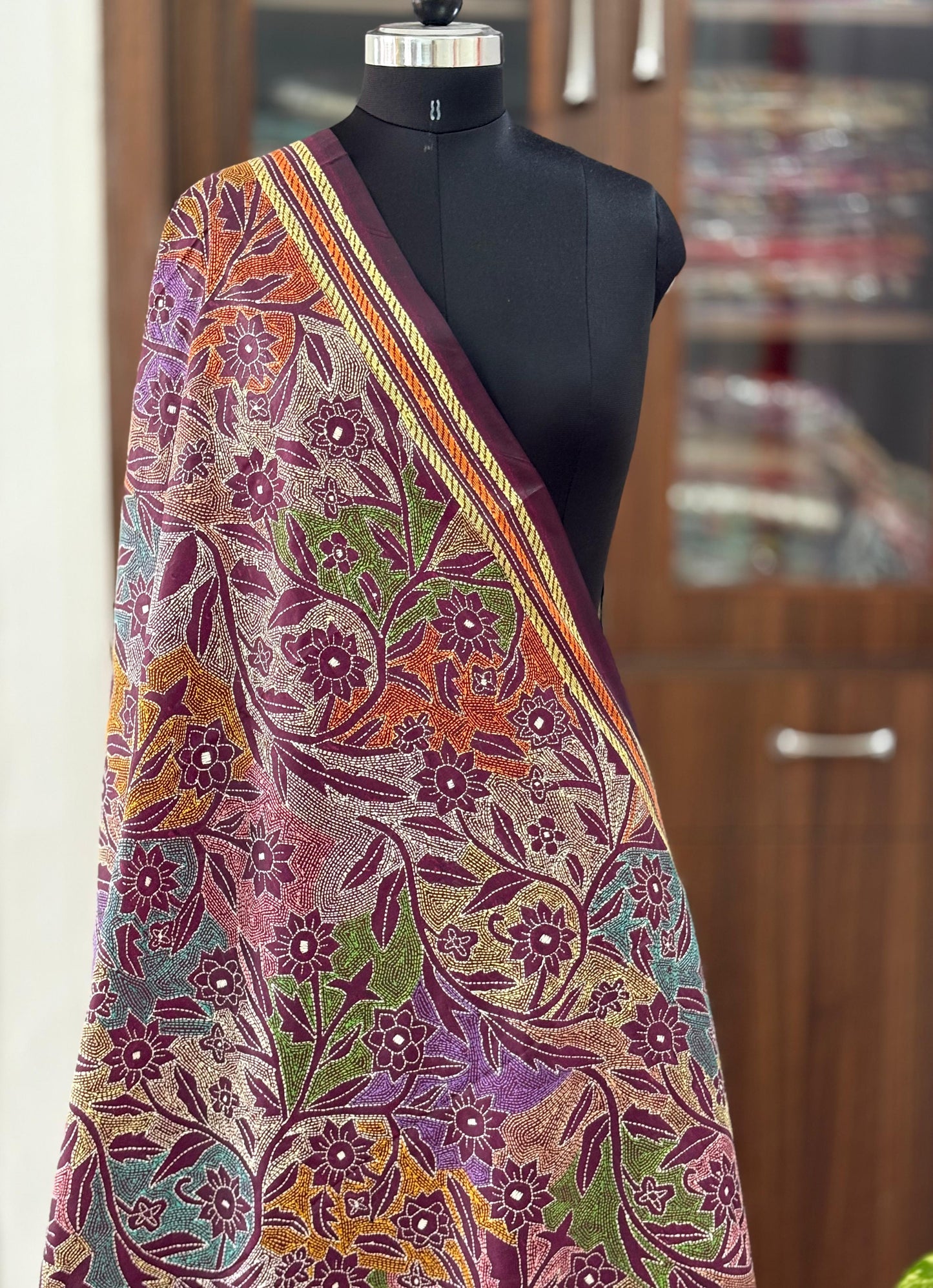 Kantha Stitch Hand Embroidary Full Work Blended Banglore Silk Dupatta 44″