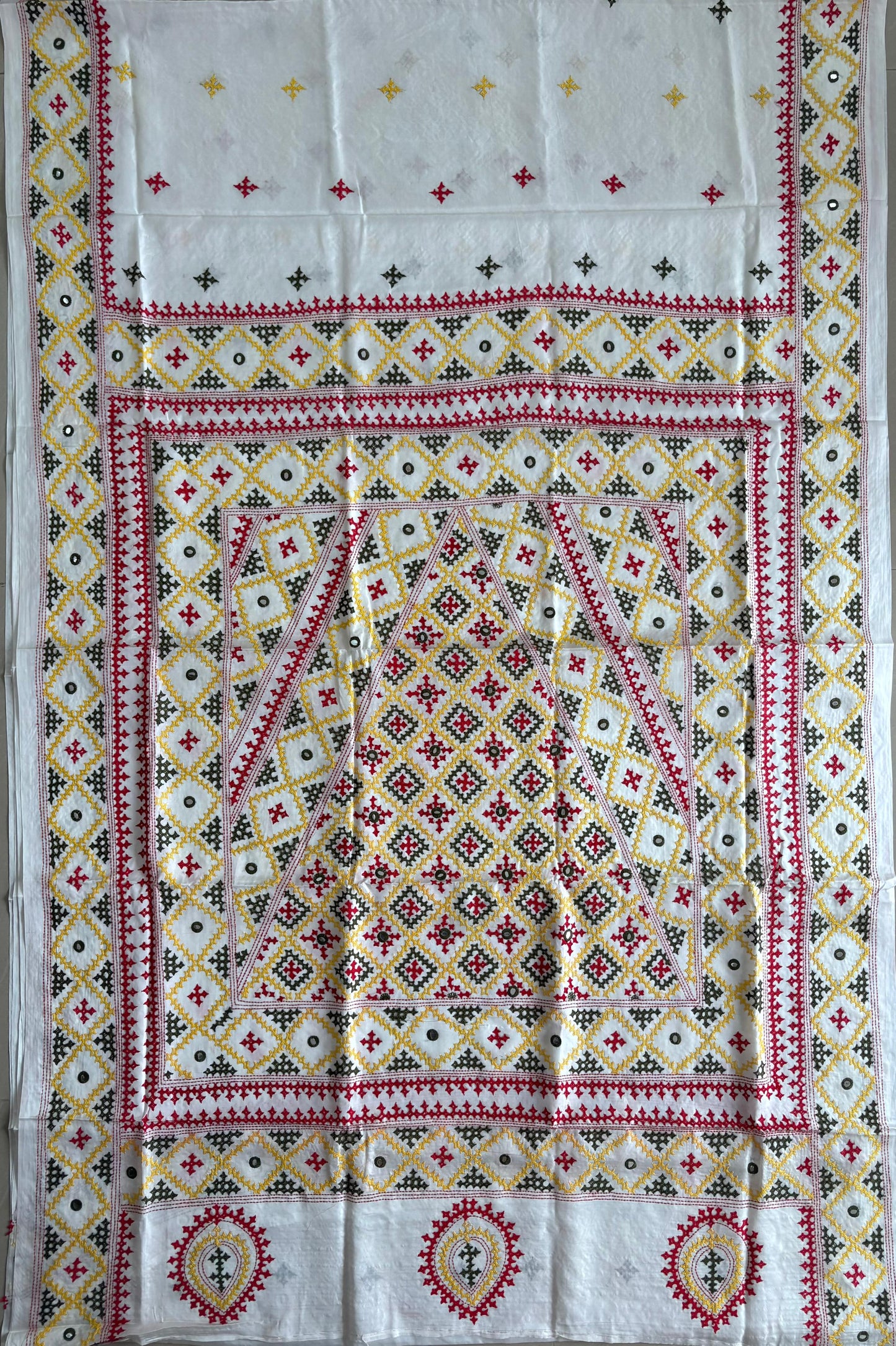 Gujrati Stitch/Kutch Hand Embroidered Art Silk Saree