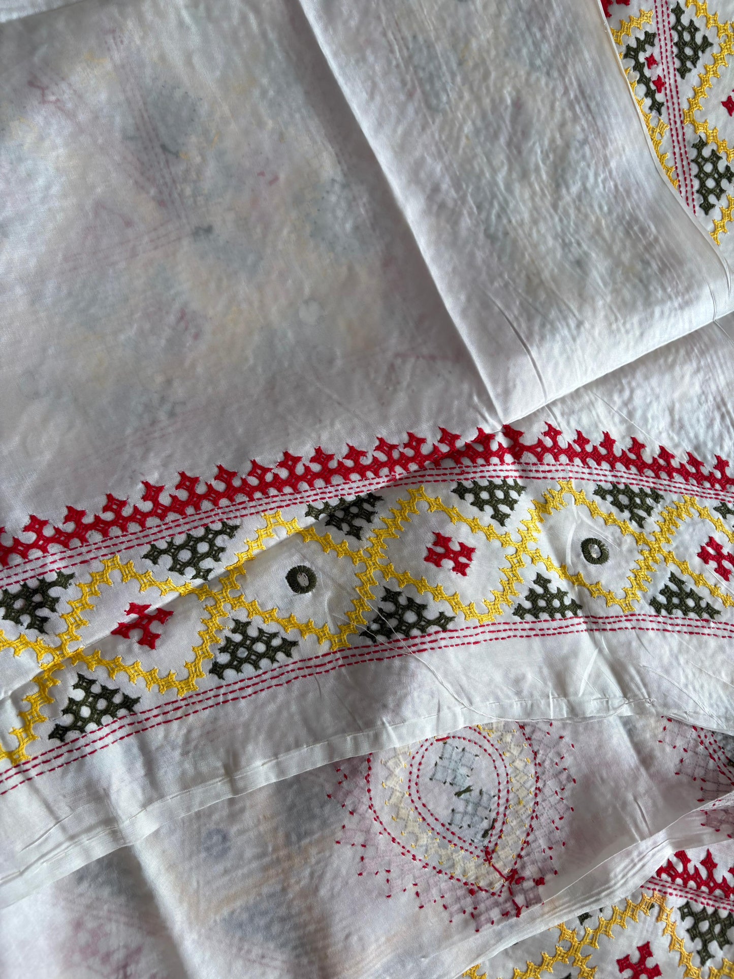 Gujrati Stitch/Kutch Hand Embroidered Art Silk Saree