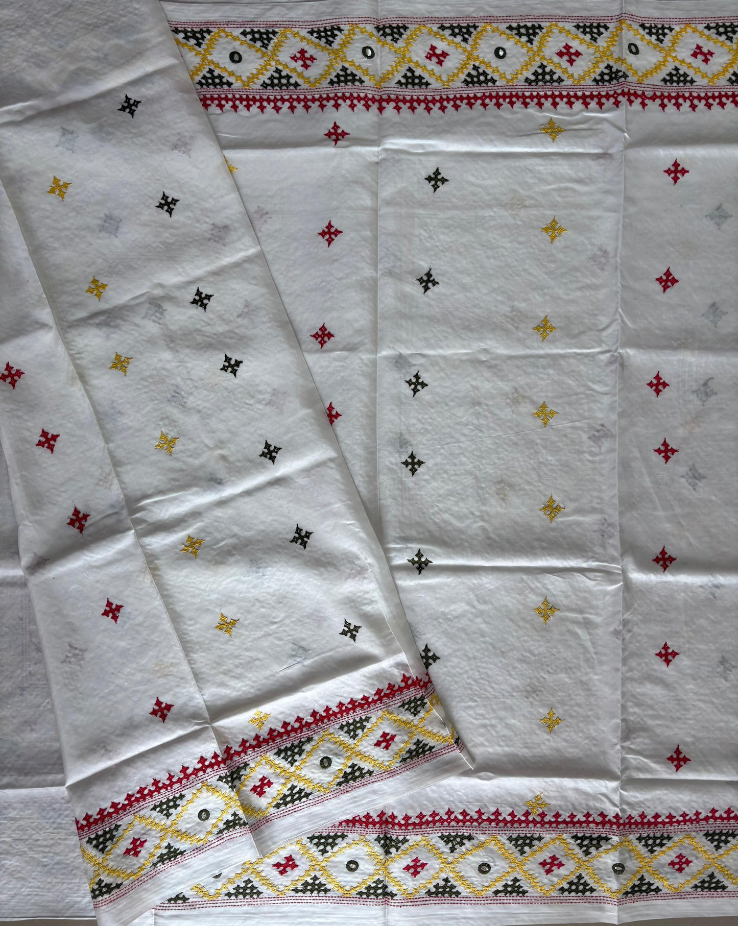Gujrati Stitch/Kutch Hand Embroidered Art Silk Saree