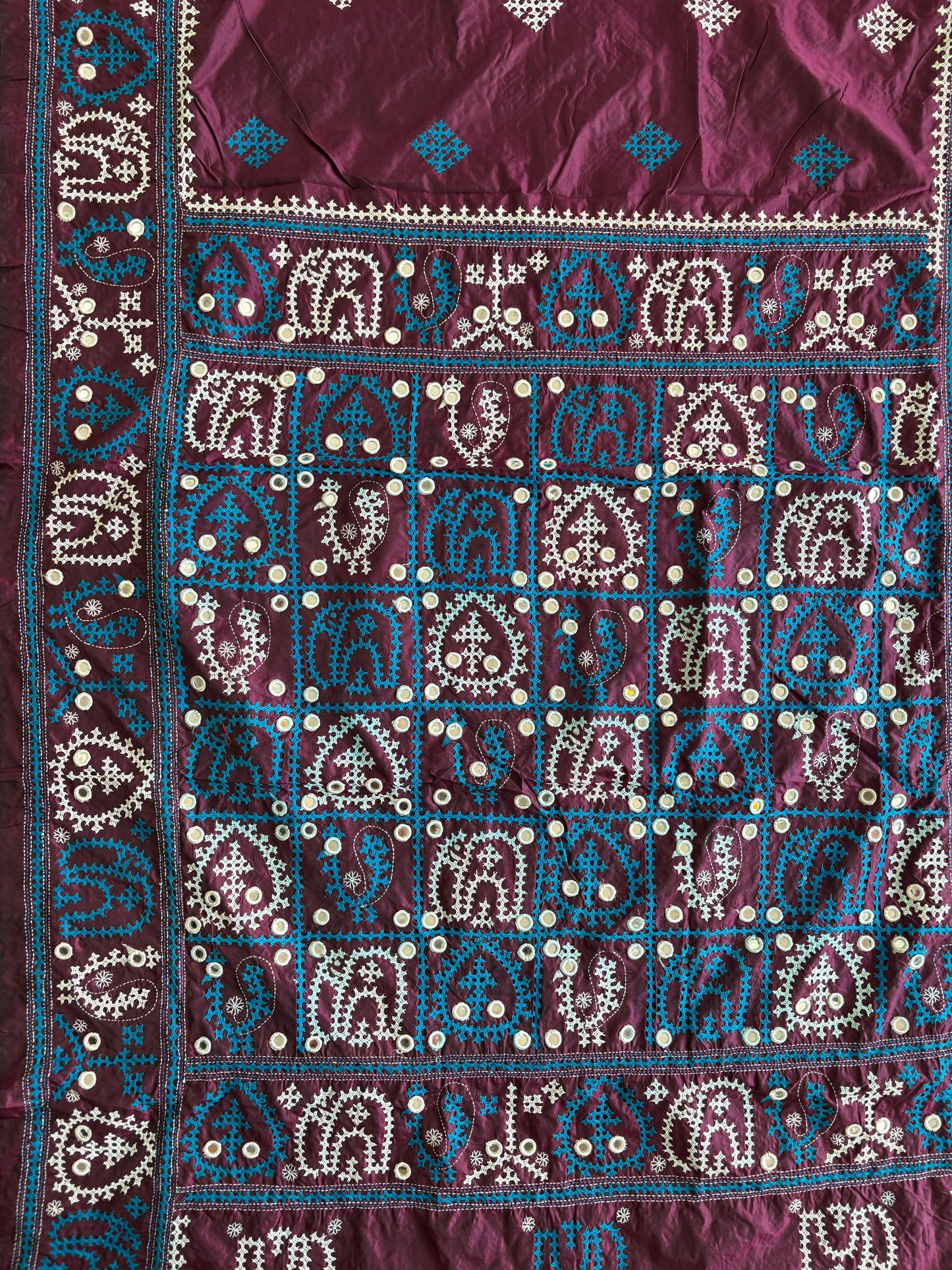 Mirror work Gujrati Stitch/Kutch Hand Embroidered Art Silk Saree