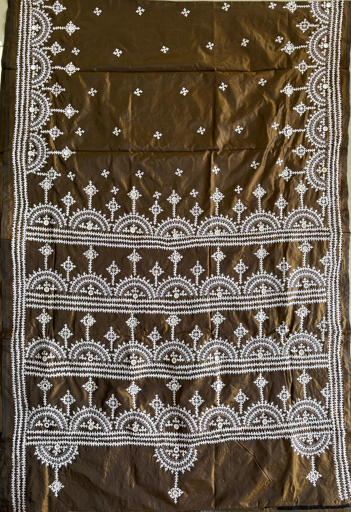 Mirror work Gujrati Stitch/Kutch Hand Embroidered Art Silk Saree