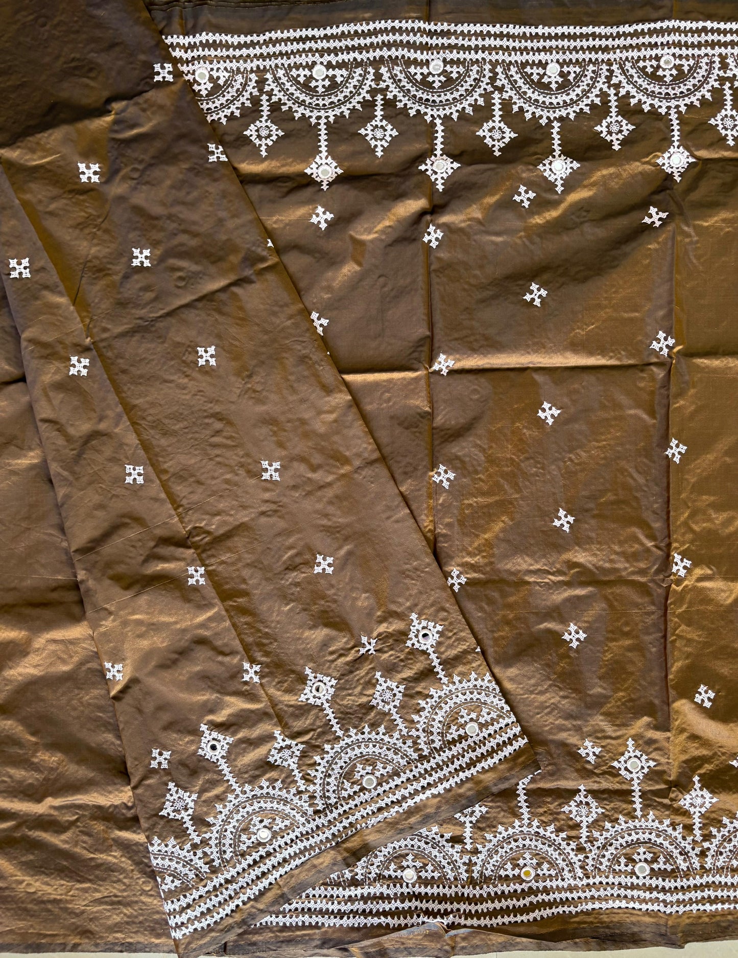 Mirror work Gujrati Stitch/Kutch Hand Embroidered Art Silk Saree