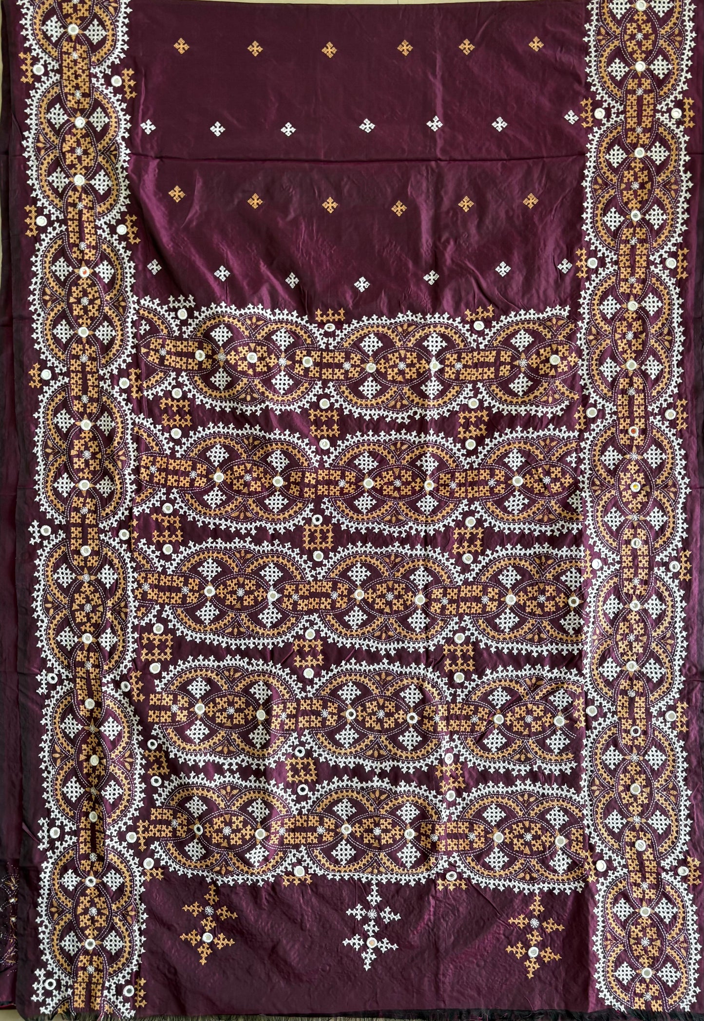 Mirror work Gujrati Stitch/Kutch Hand Embroidered Art Silk Saree
