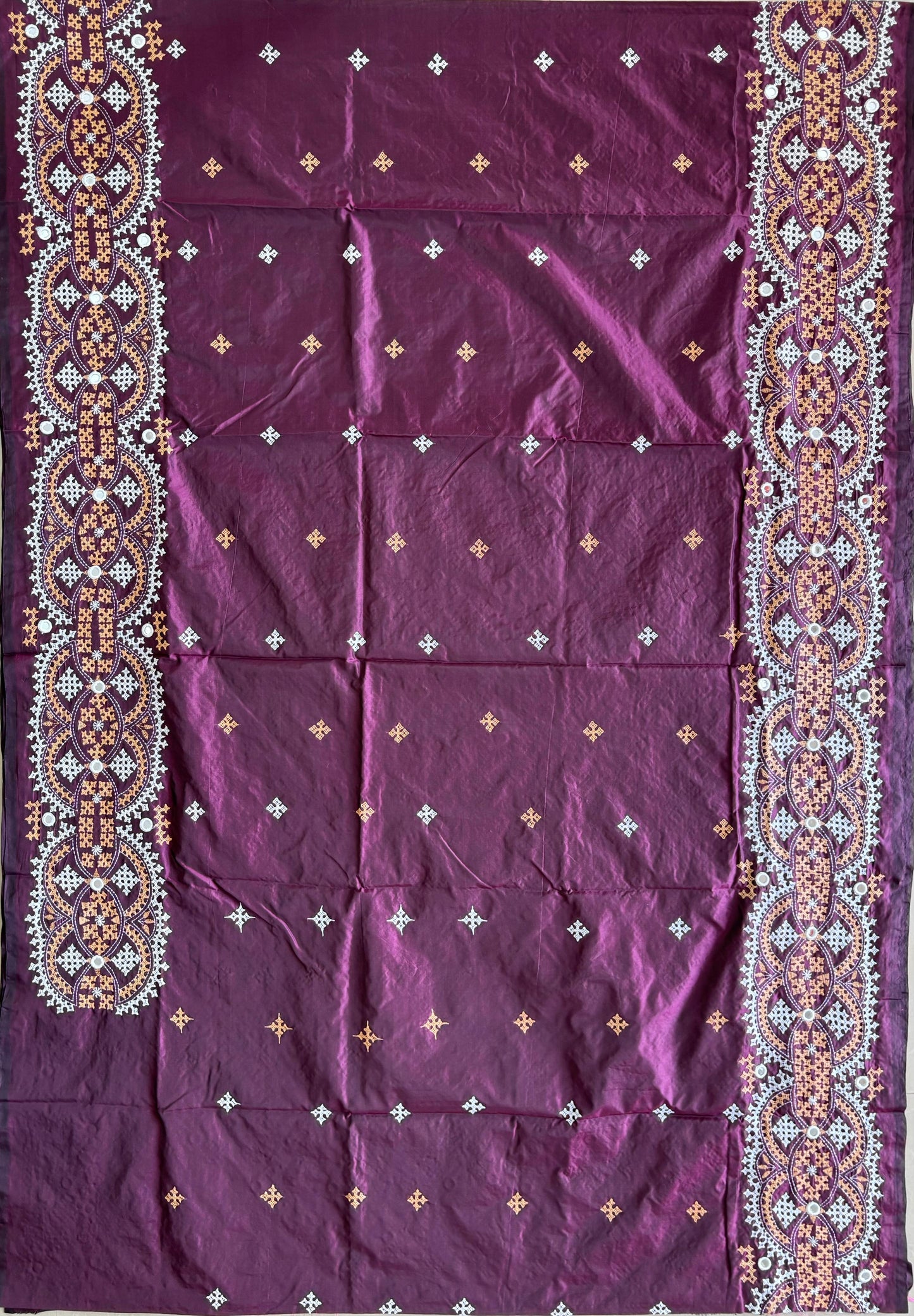 Mirror work Gujrati Stitch/Kutch Hand Embroidered Art Silk Saree