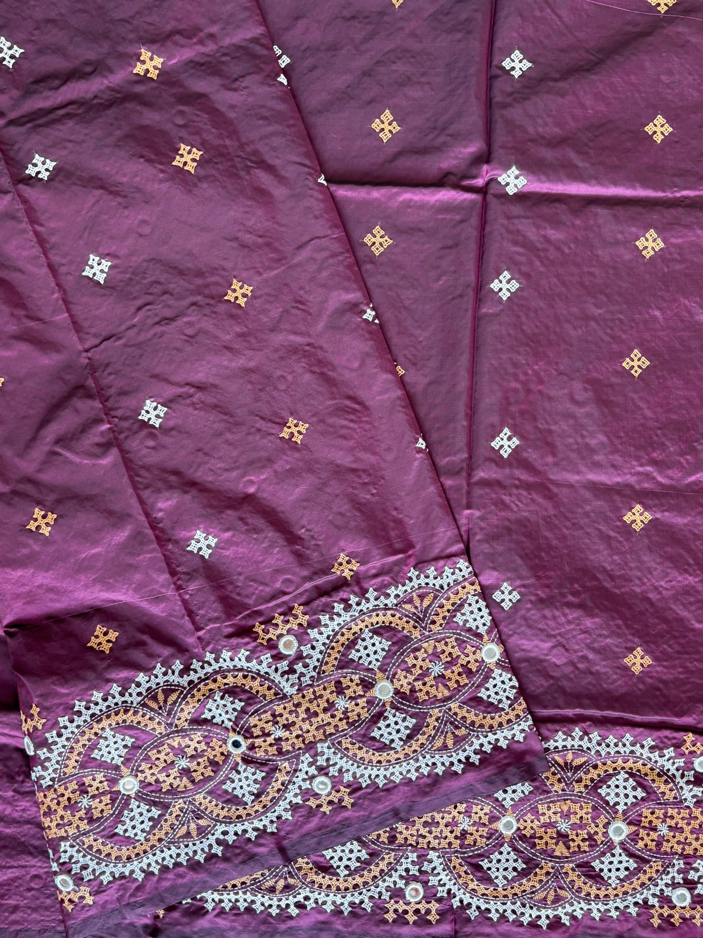 Mirror work Gujrati Stitch/Kutch Hand Embroidered Art Silk Saree