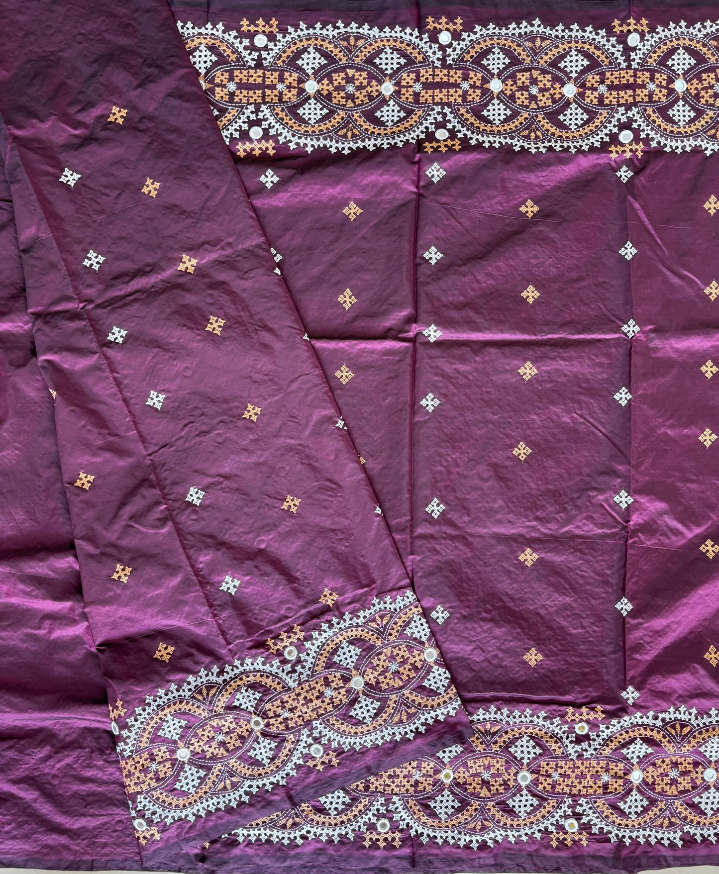 Mirror work Gujrati Stitch/Kutch Hand Embroidered Art Silk Saree