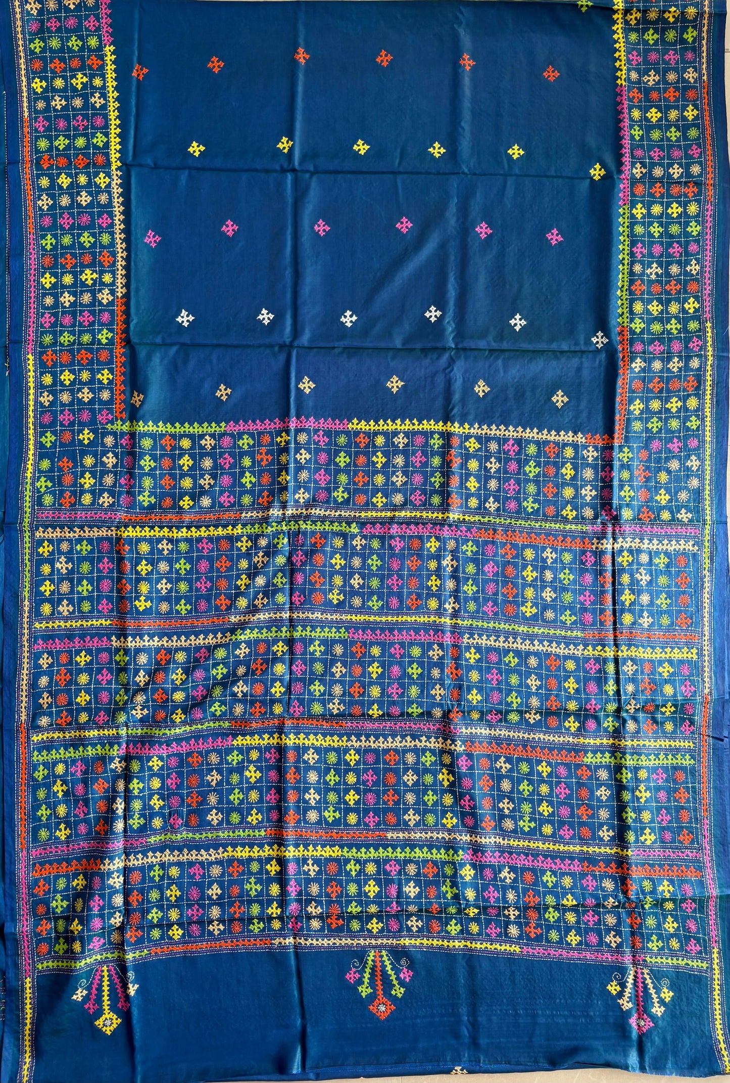Gujrati Stitch/Kutch Hand Embroidered Art Silk Saree