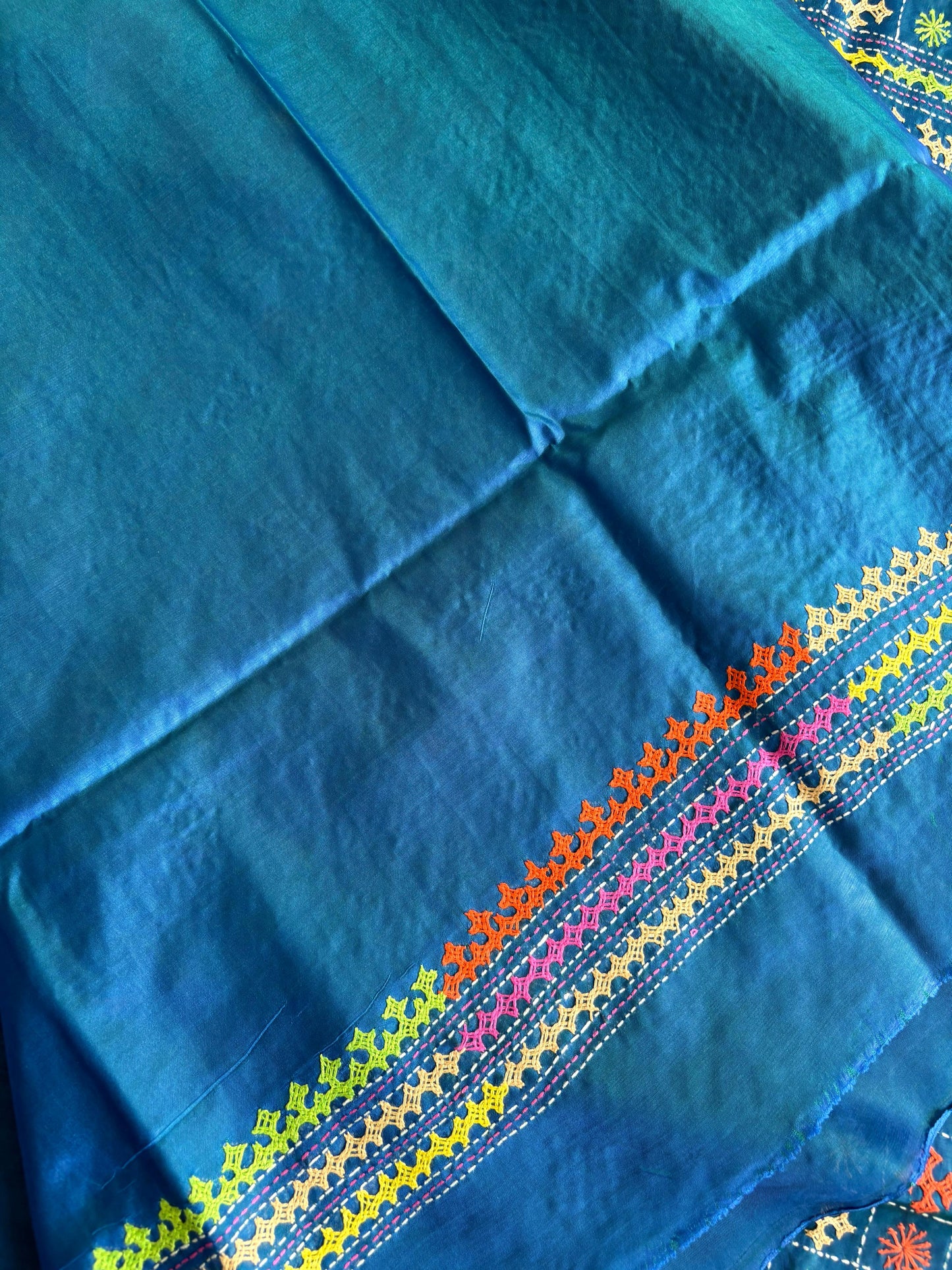 Gujrati Stitch/Kutch Hand Embroidered Art Silk Saree