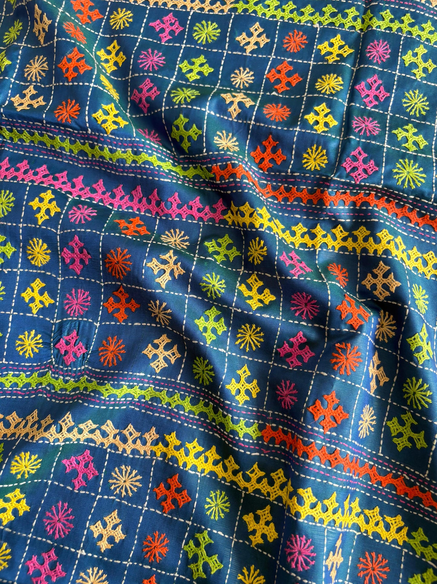 Gujrati Stitch/Kutch Hand Embroidered Art Silk Saree