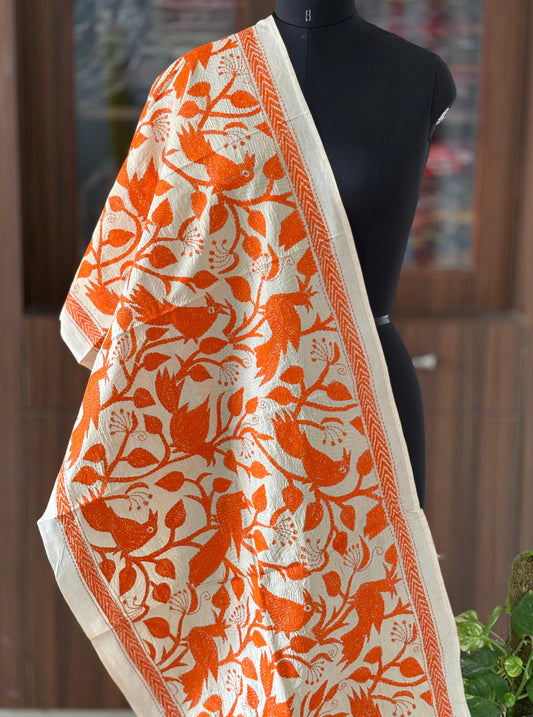 Nakshi Kantha Semi Tussar Silk Stole | White | 22" |