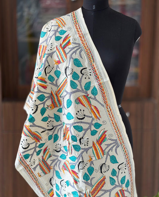 Nakshi Kantha Semi Tussar Silk Stole | White | 22" |