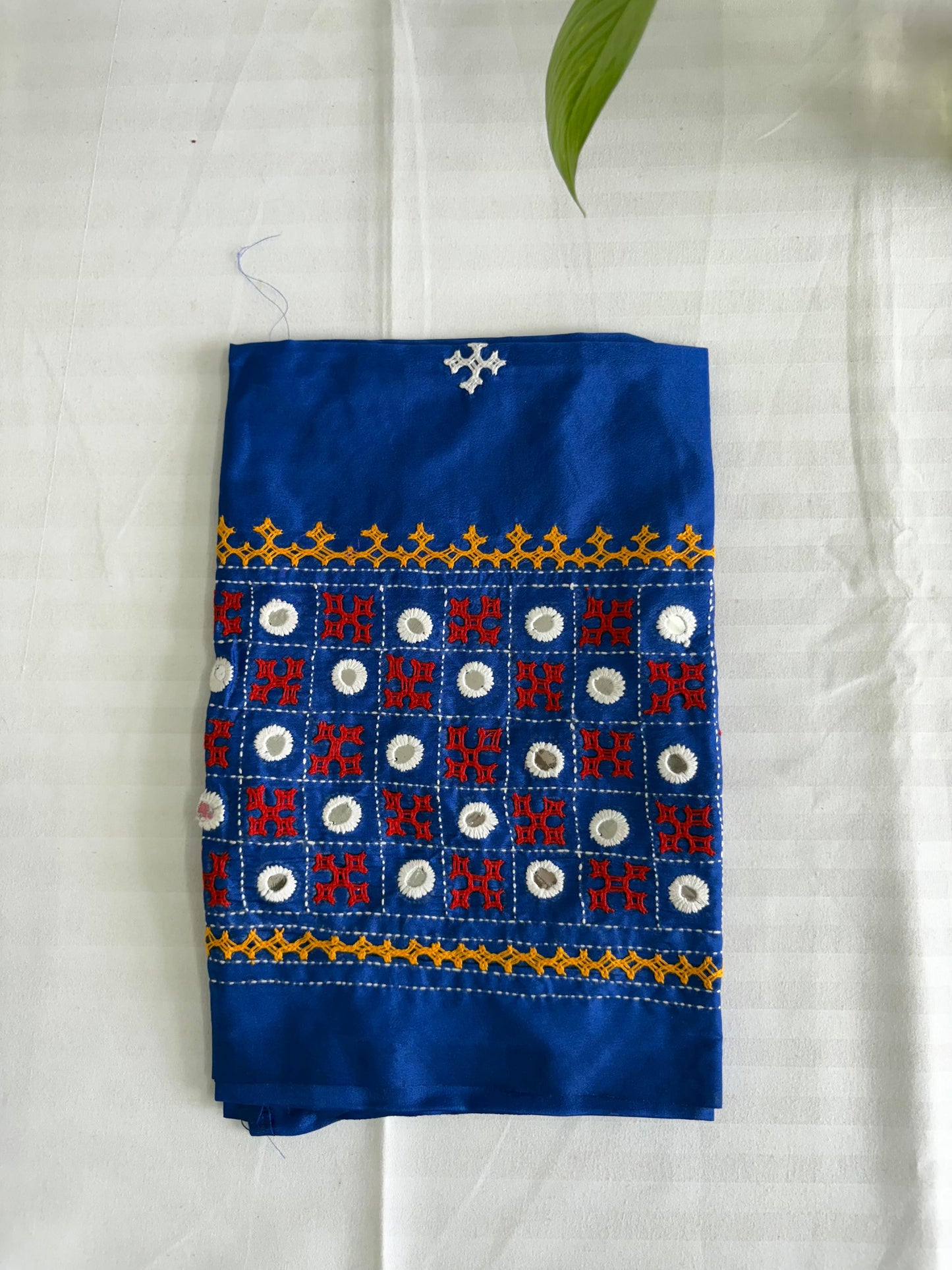 Blue Gujrati work blouse pieces in art silk 1 mtr
