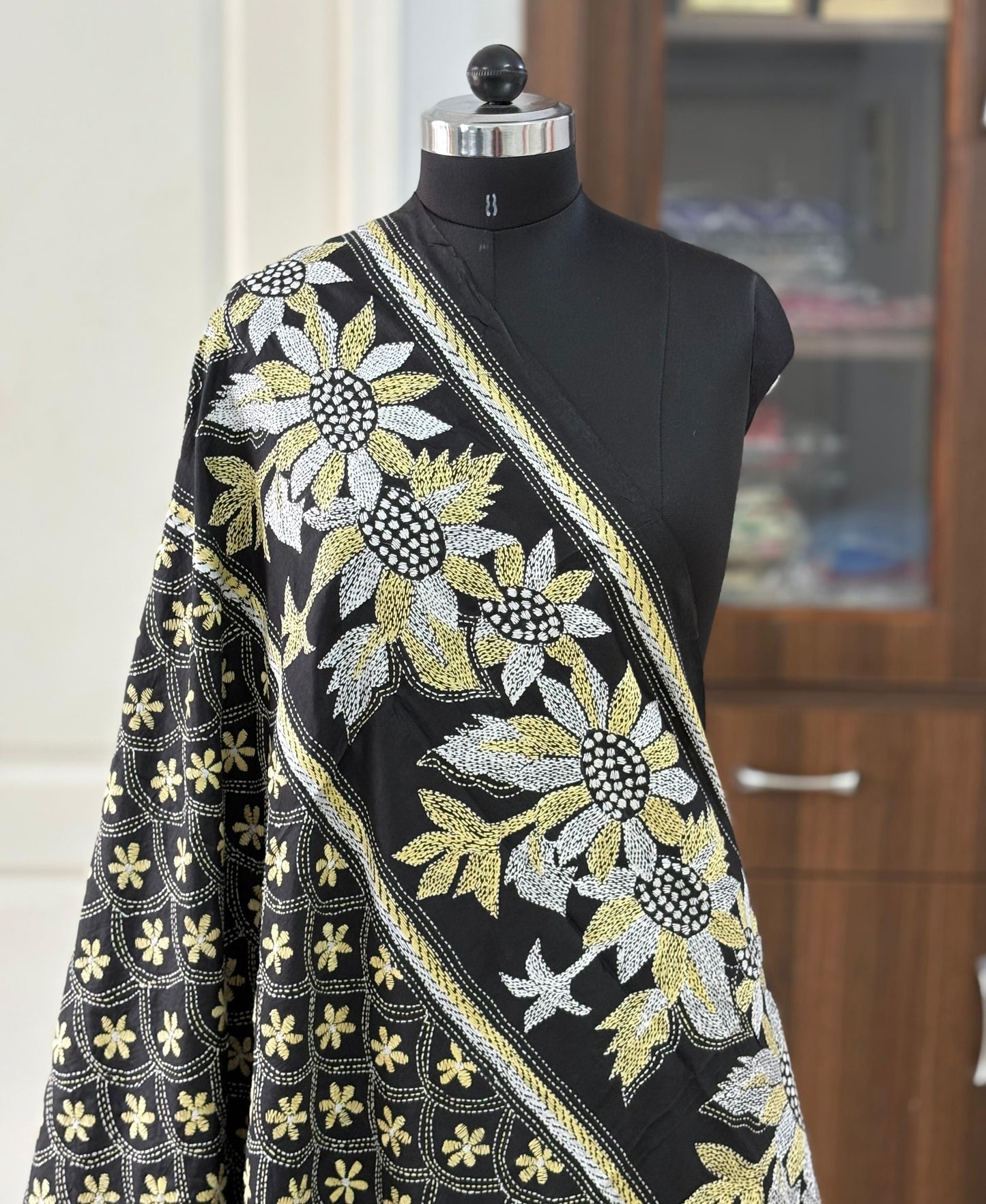 Kantha Stitch Hand Embroidary Full Work Pure Banglore Silk Dupatta - Black