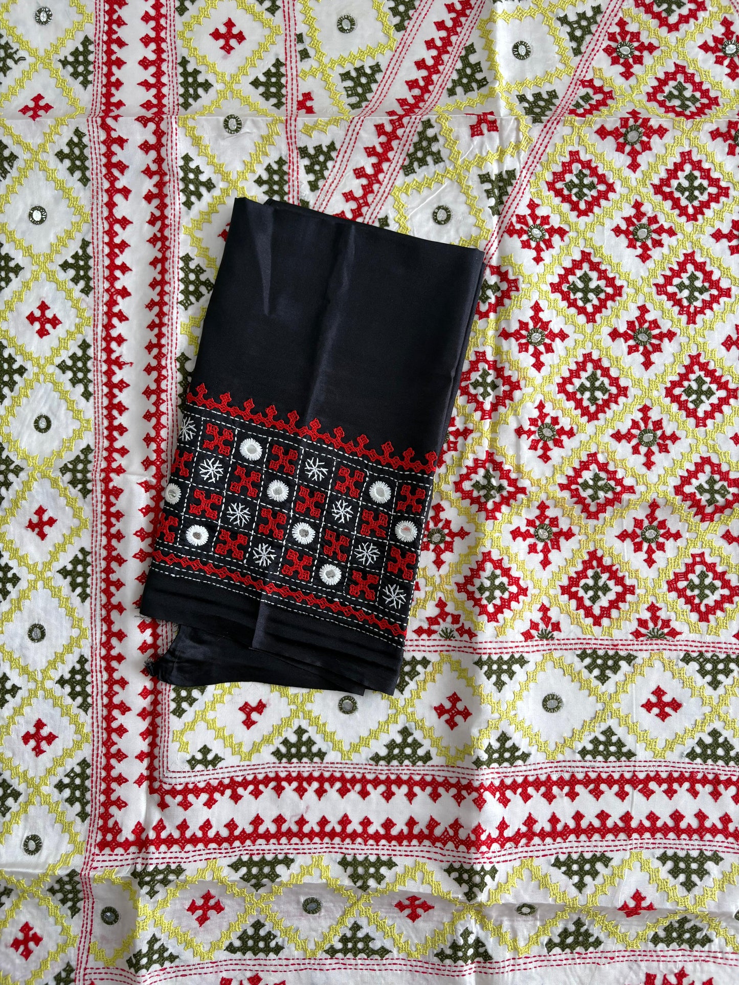 Gujrati Stitch/Kutch Hand Embroidered Art Silk Saree