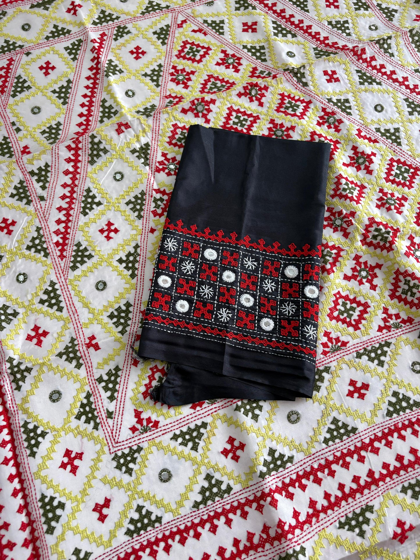Gujrati Stitch/Kutch Hand Embroidered Art Silk Saree