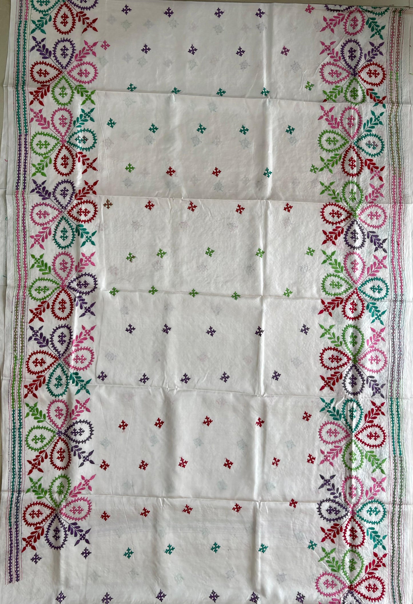 Gujrati Stitch/Kutch Hand Embroidered Art Silk Saree