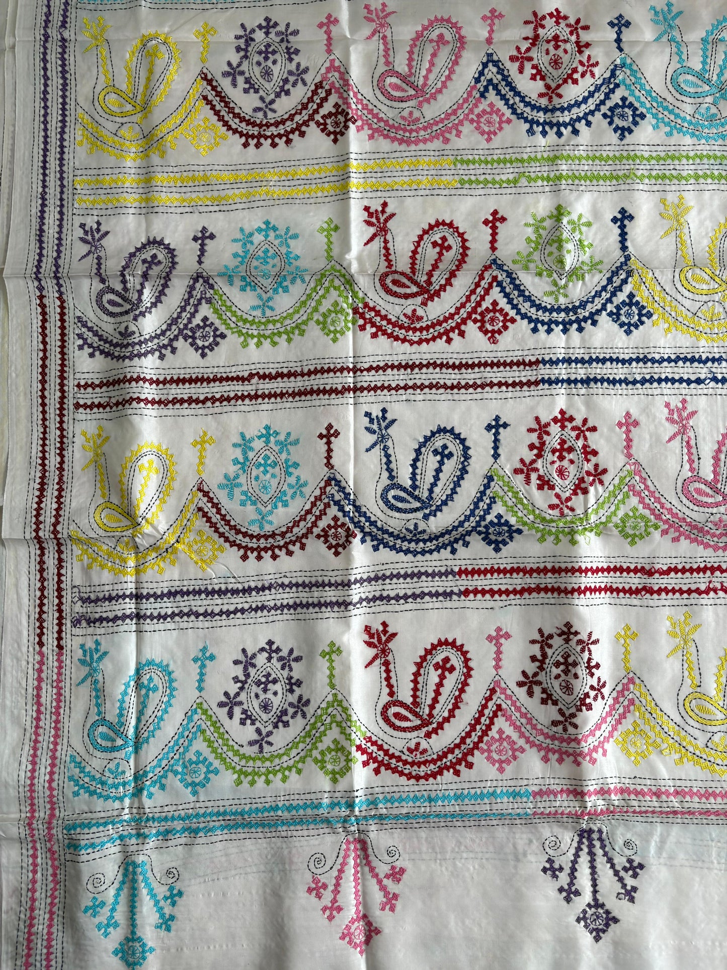 Gujrati Stitch/Kutch Hand Embroidered Art Silk Saree