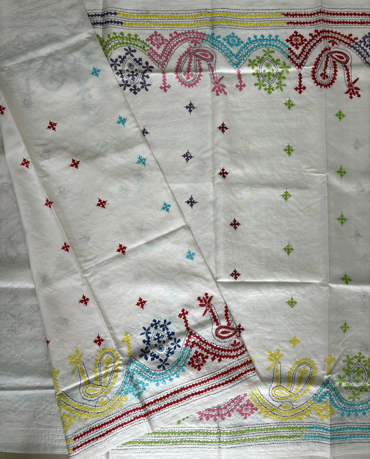 Gujrati Stitch/Kutch Hand Embroidered Art Silk Saree