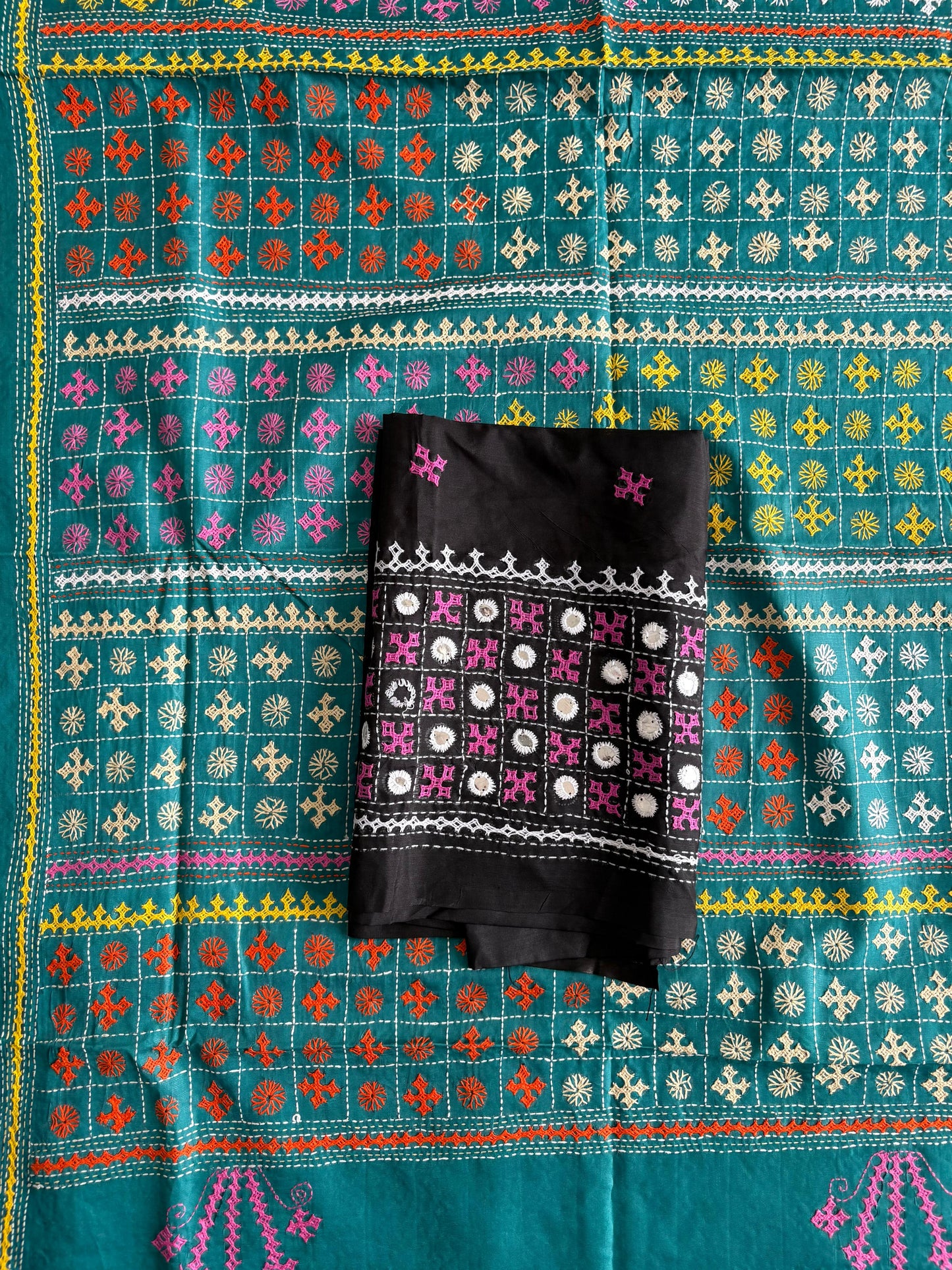 Gujrati Stitch/Kutch Hand Embroidered Art Silk Saree