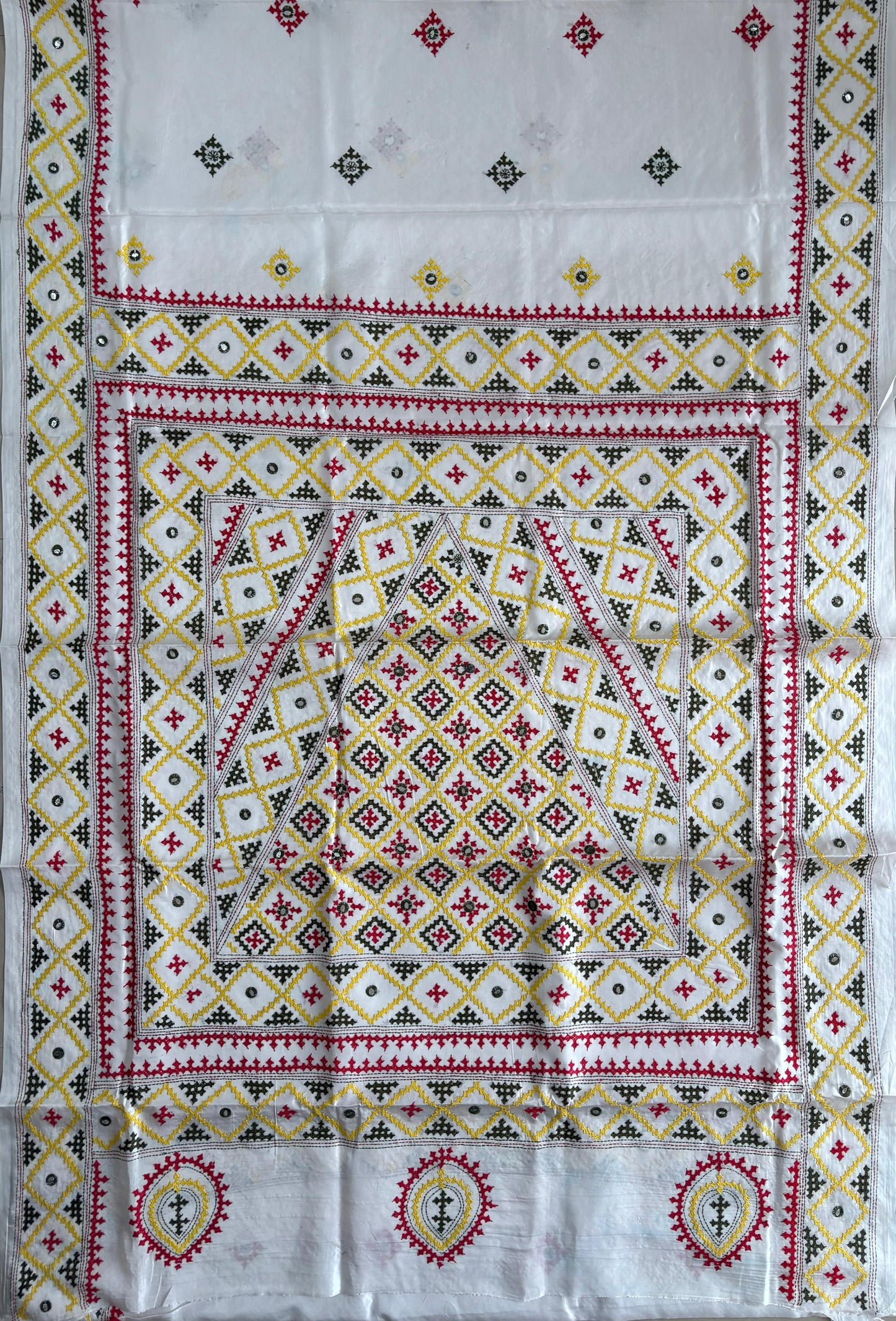 Gujrati Stitch/Kutch Hand Embroidered Art Silk Saree