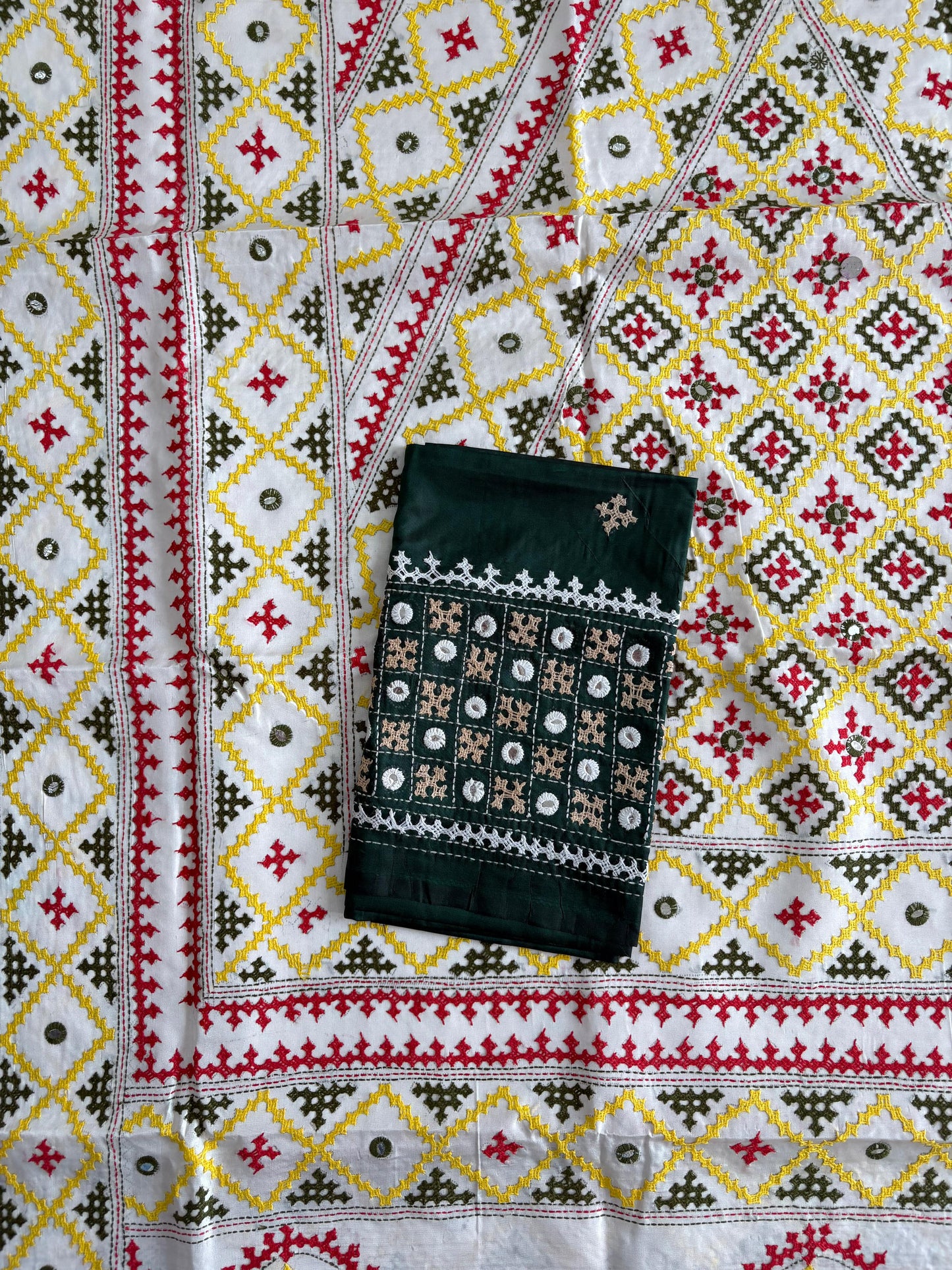 Gujrati Stitch/Kutch Hand Embroidered Art Silk Saree