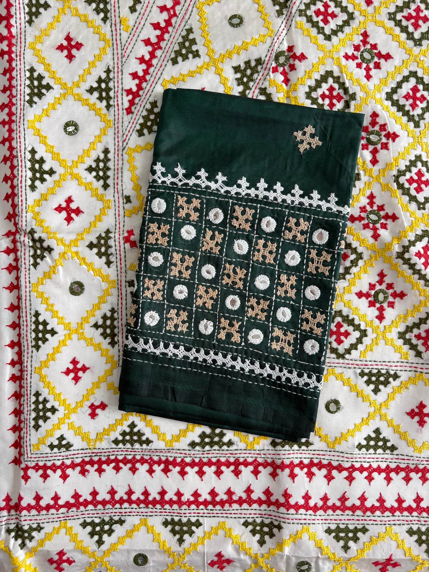 Gujrati Stitch/Kutch Hand Embroidered Art Silk Saree