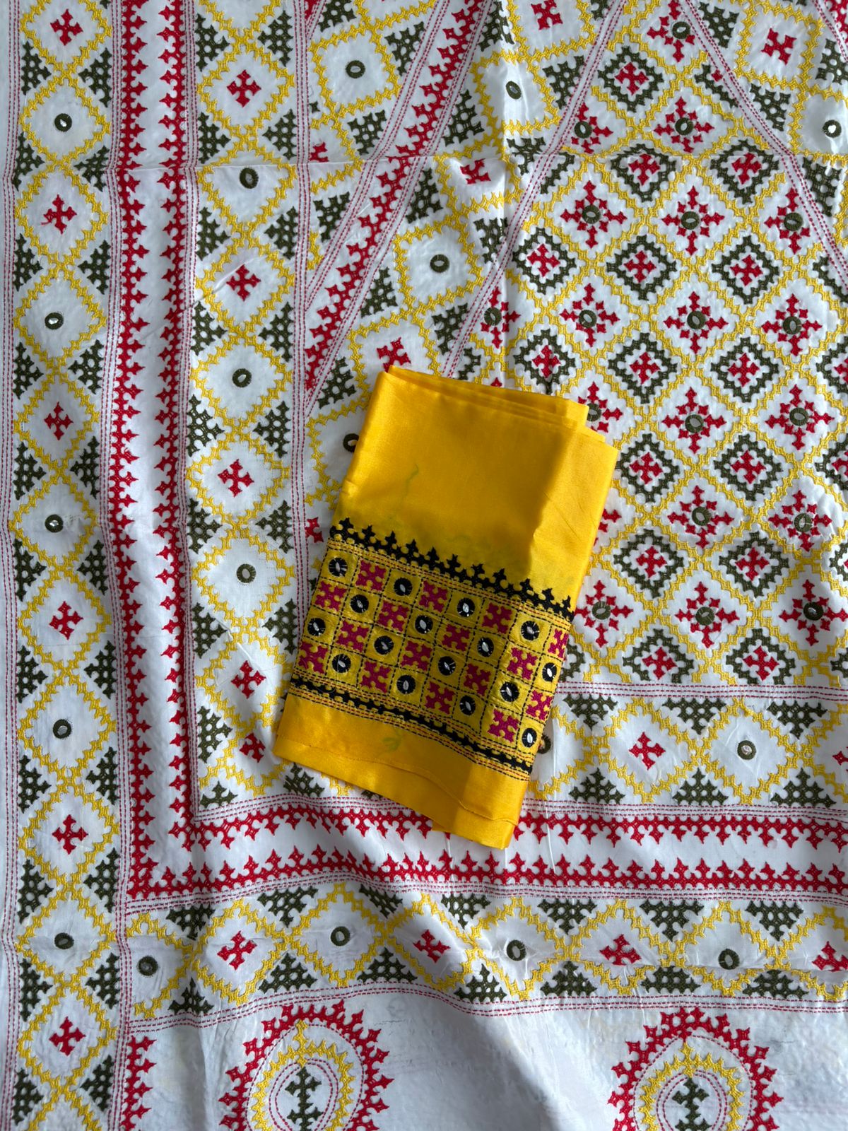 Gujrati Stitch/Kutch Hand Embroidered Art Silk Saree