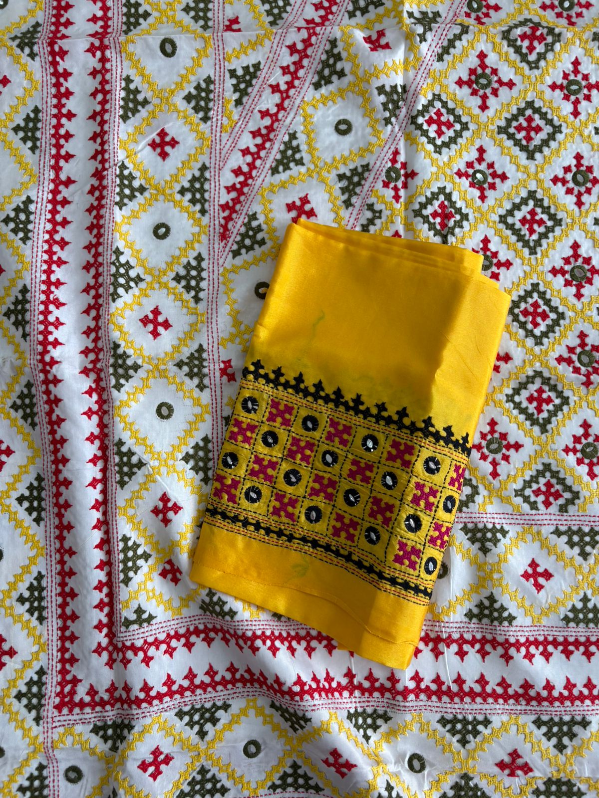 Gujrati Stitch/Kutch Hand Embroidered Art Silk Saree