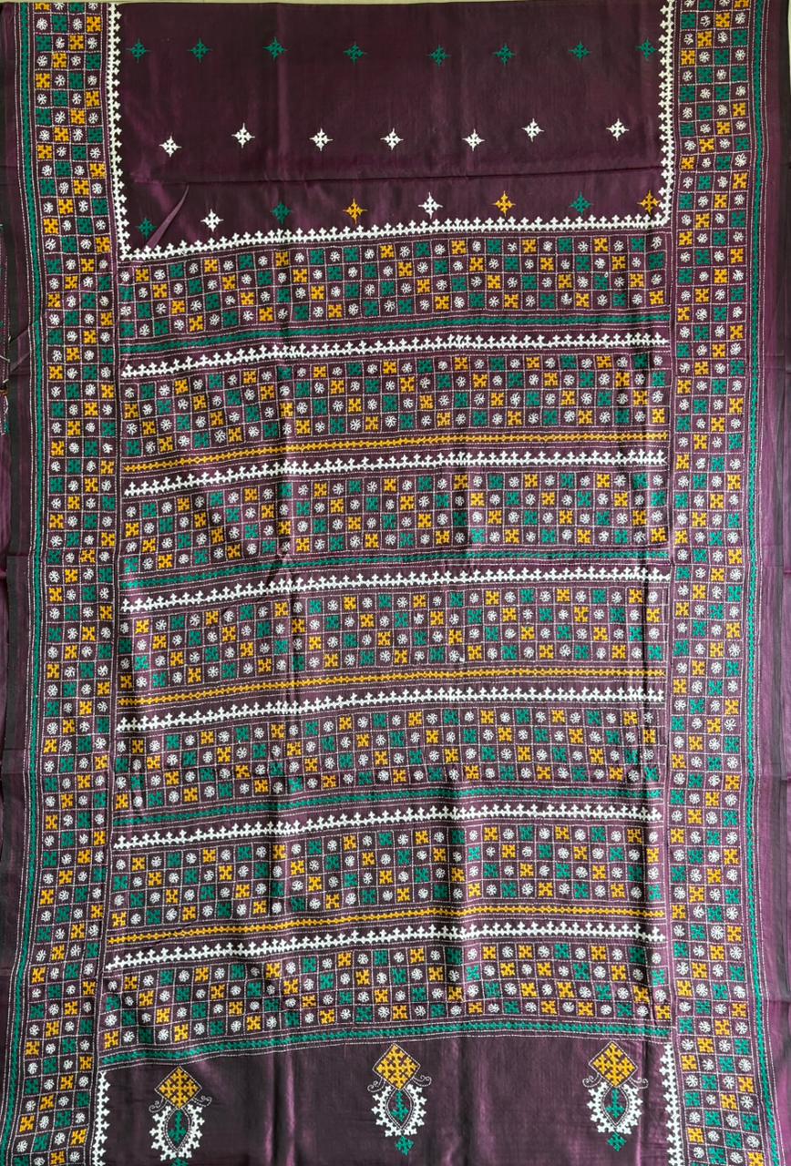 Gujrati Stitch/Kutch Hand Embroidered Art Silk Saree