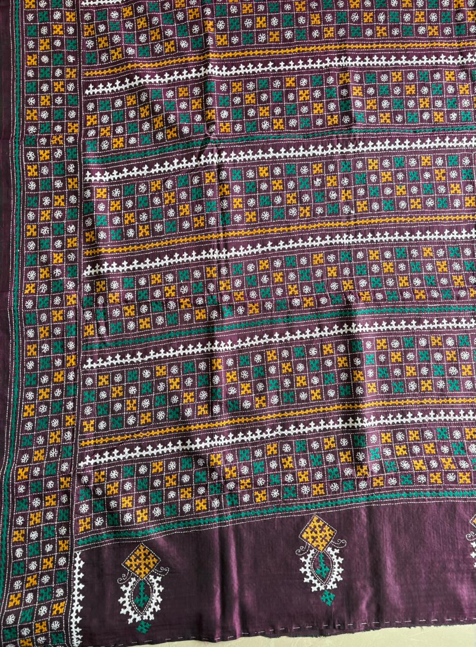 Gujrati Stitch/Kutch Hand Embroidered Art Silk Saree