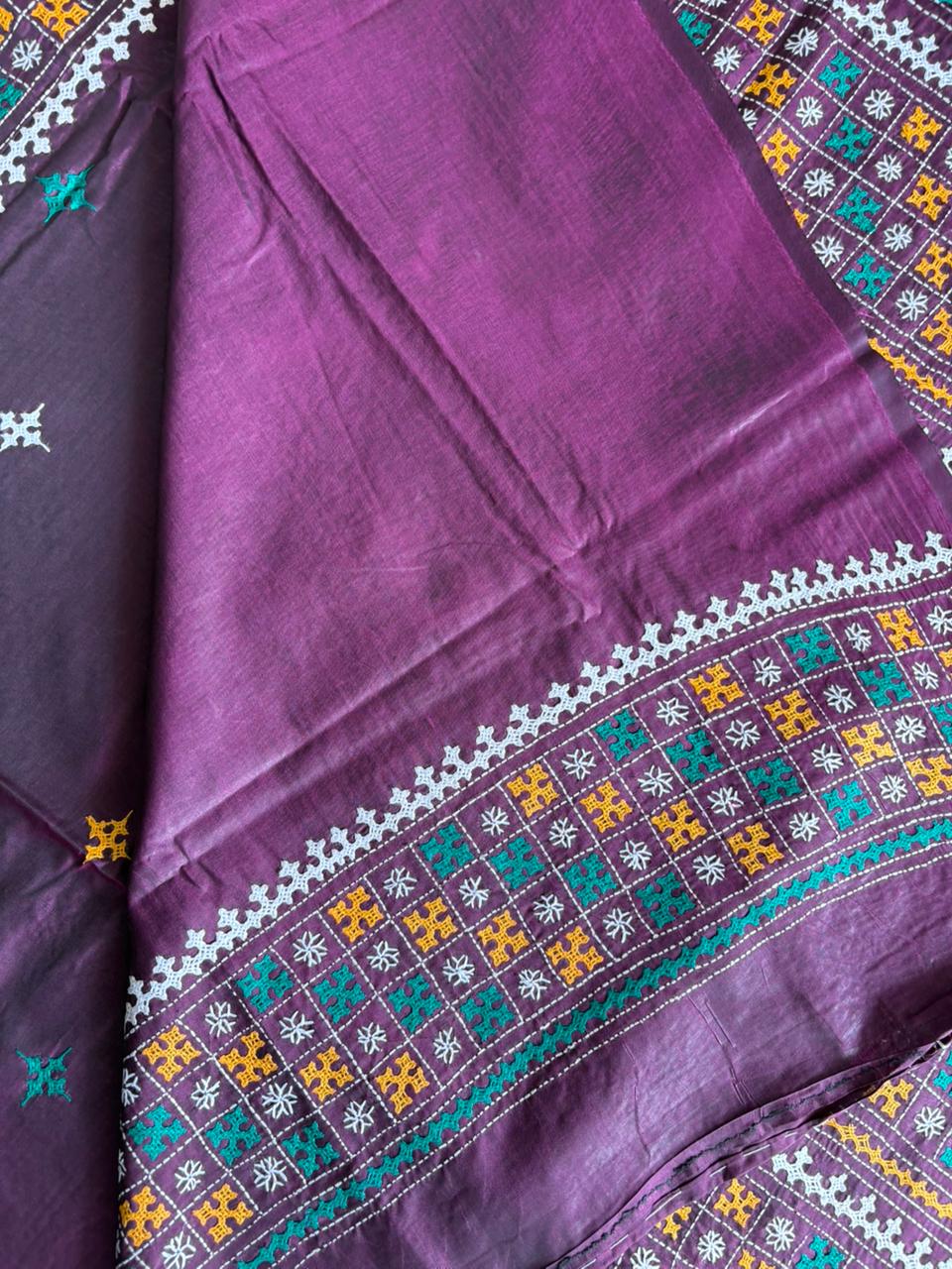 Gujrati Stitch/Kutch Hand Embroidered Art Silk Saree