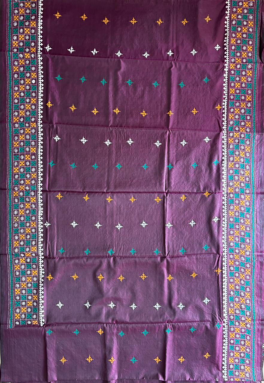 Gujrati Stitch/Kutch Hand Embroidered Art Silk Saree