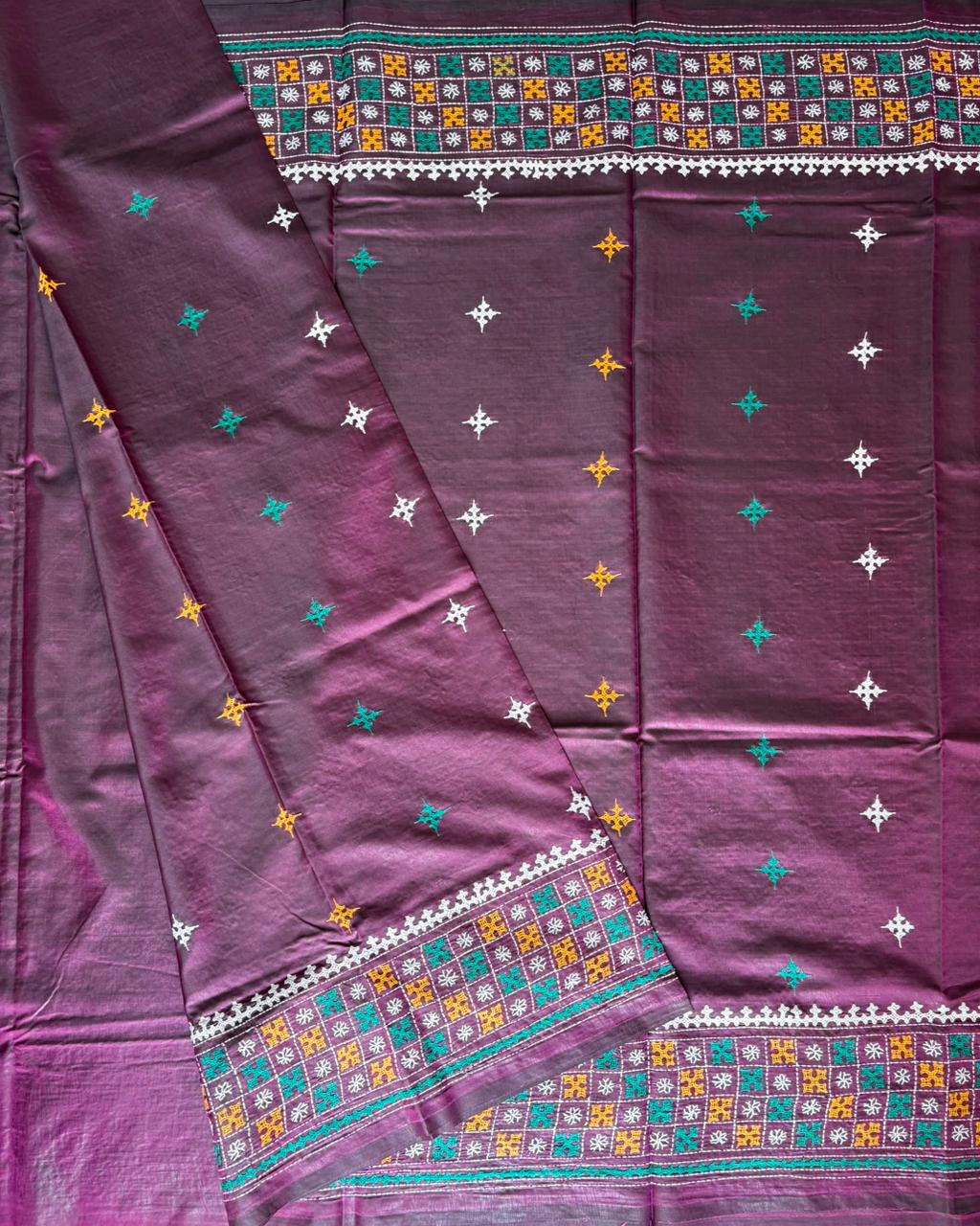 Gujrati Stitch/Kutch Hand Embroidered Art Silk Saree