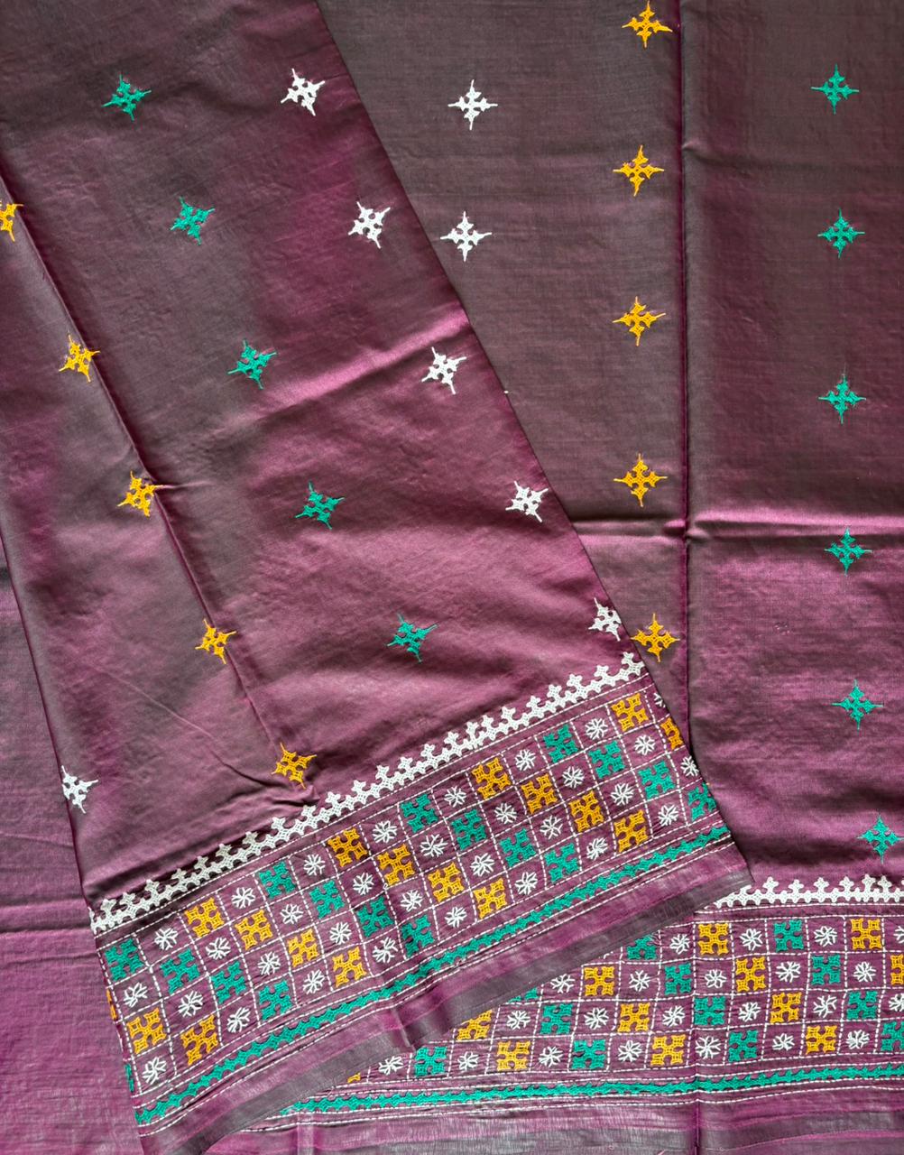 Gujrati Stitch/Kutch Hand Embroidered Art Silk Saree