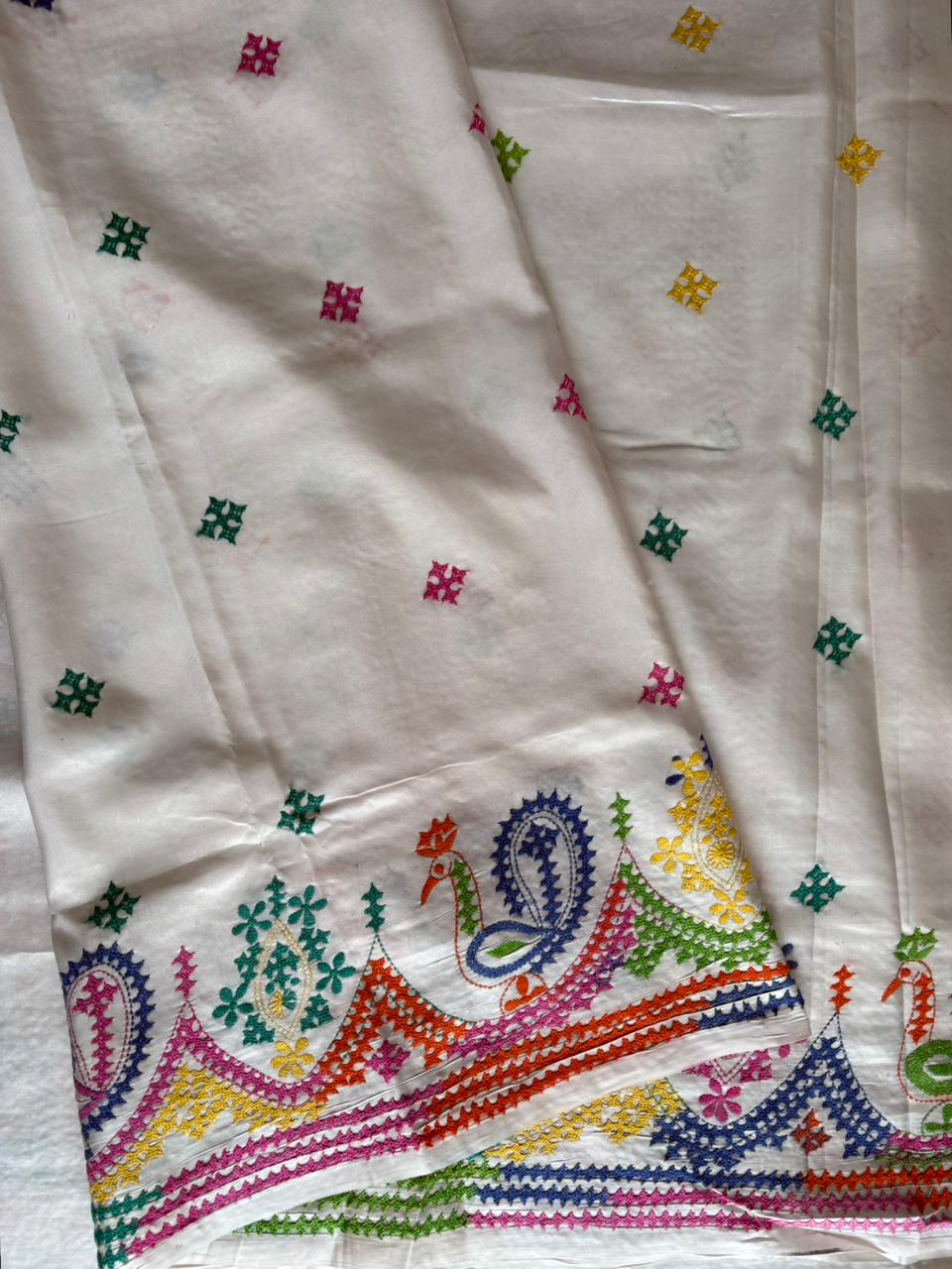 Gujrati Stitch/Kutch Hand Embroidered Art Silk Saree
